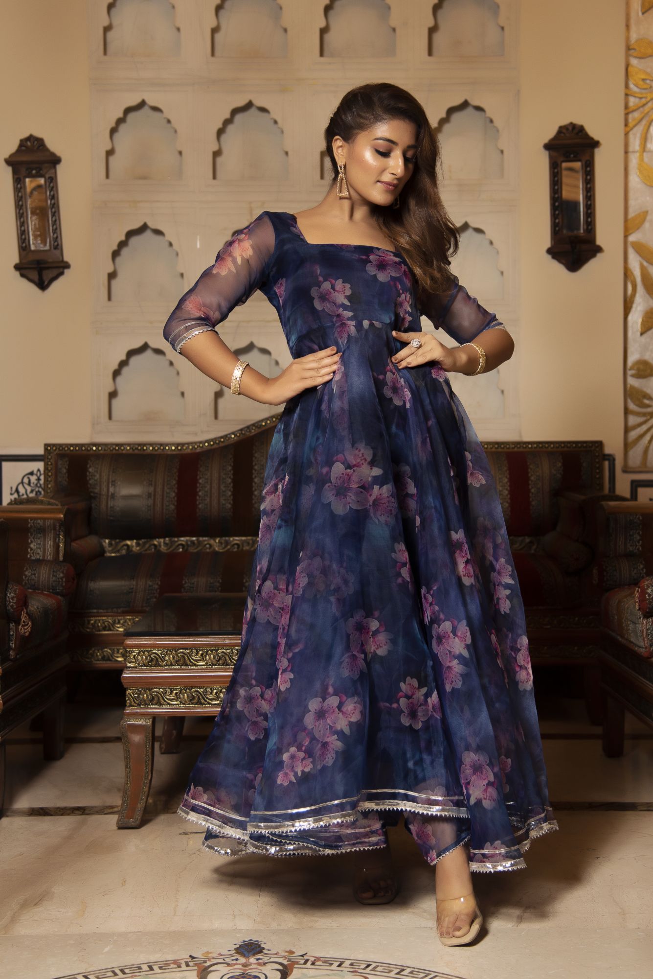 Evening Blue Floral Anarkali Suit Set