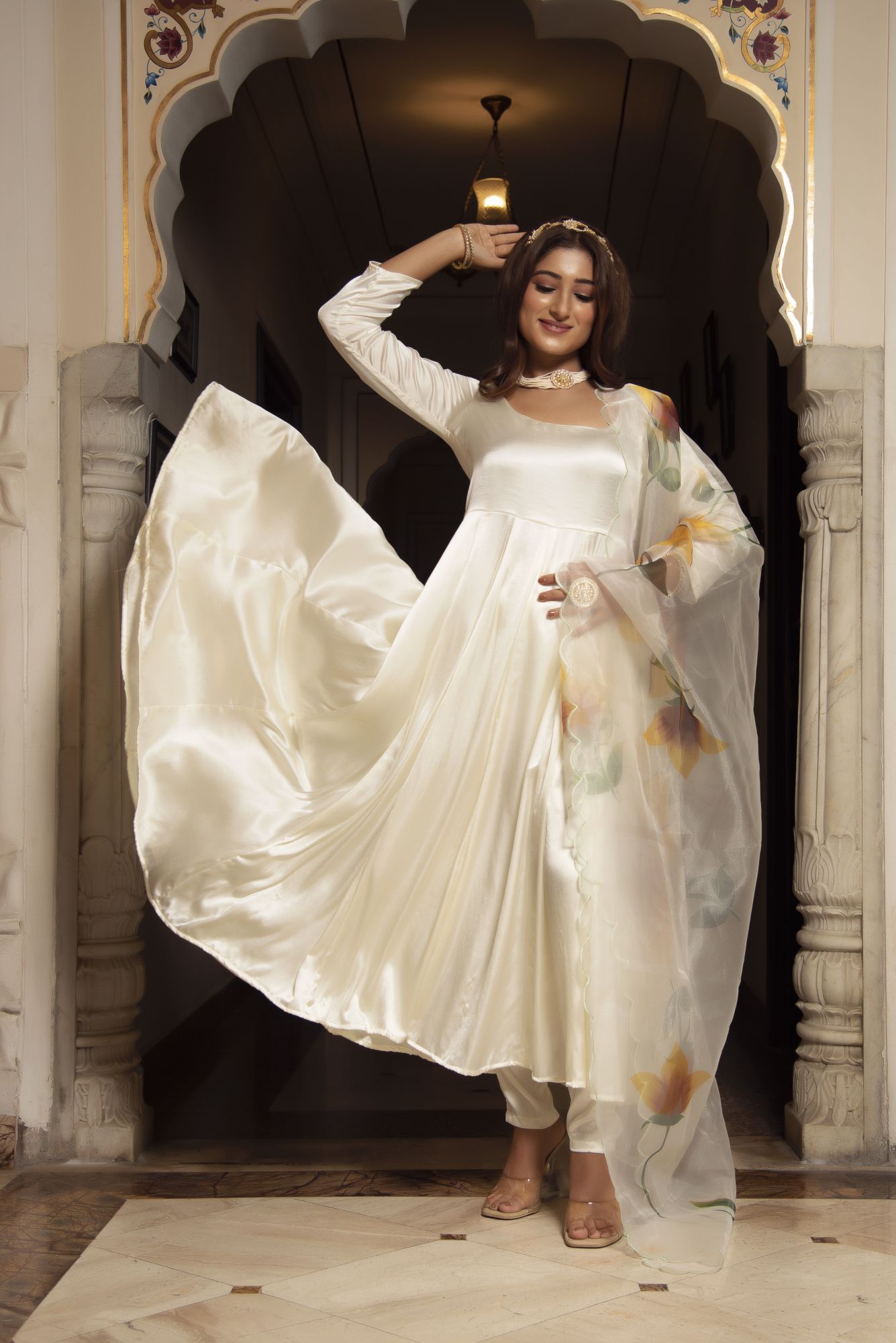 Pearl Satin Anarkali Suit Set with Sunflower Dupatta