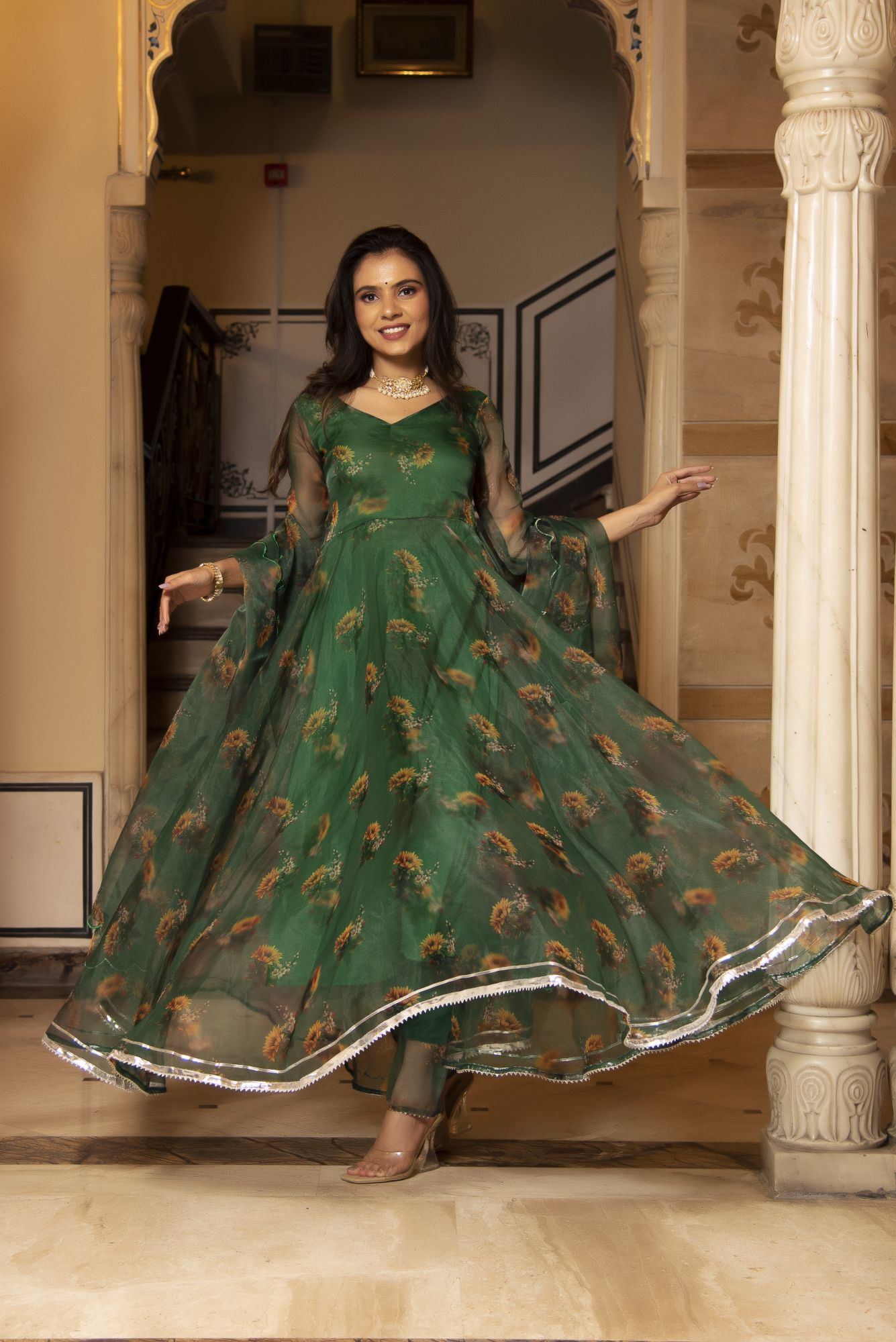 Green Garden Floral Anarkali Suit Set