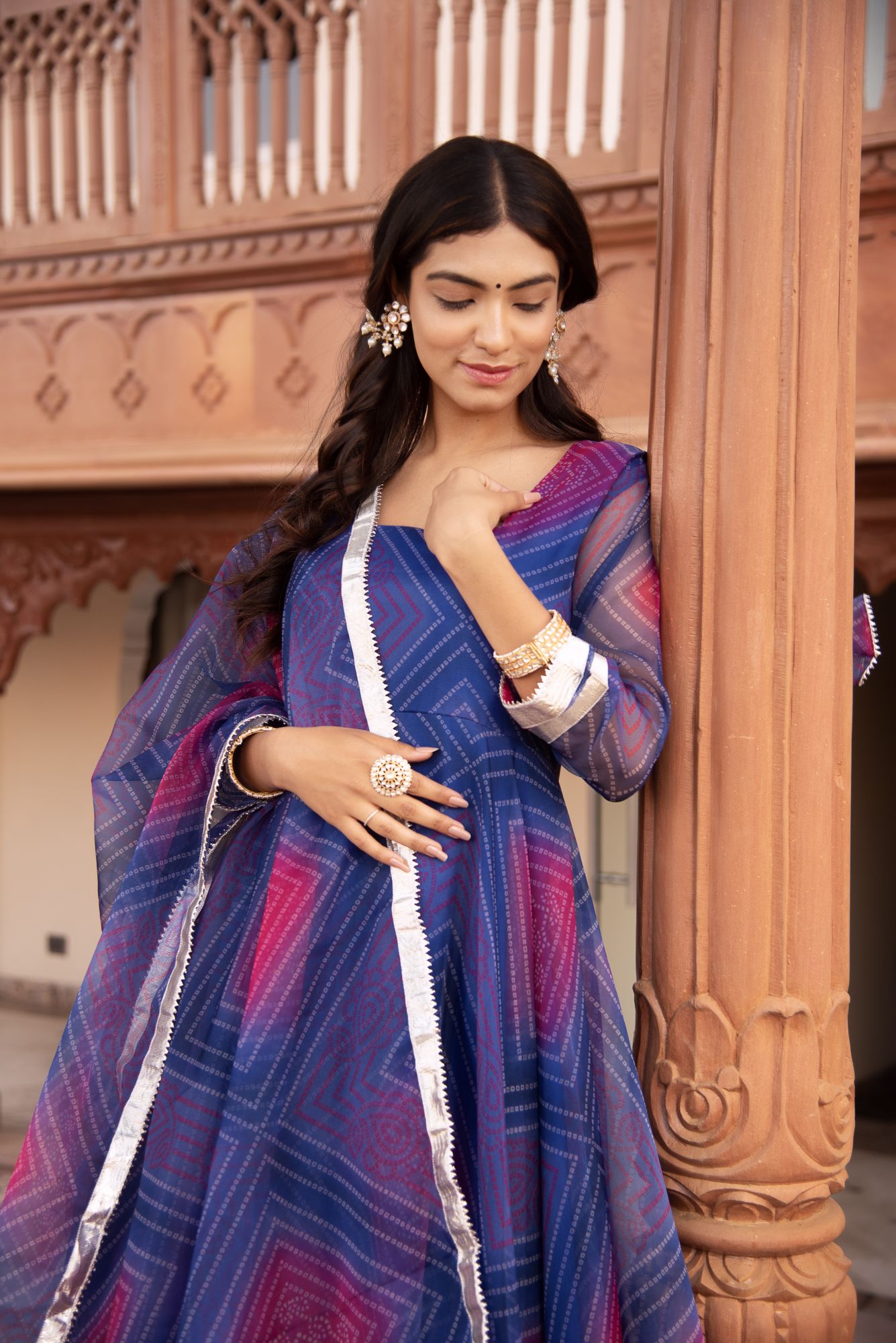 Blue And Purple Bhandhej Organza Gotapatti Anarkali Suit Set