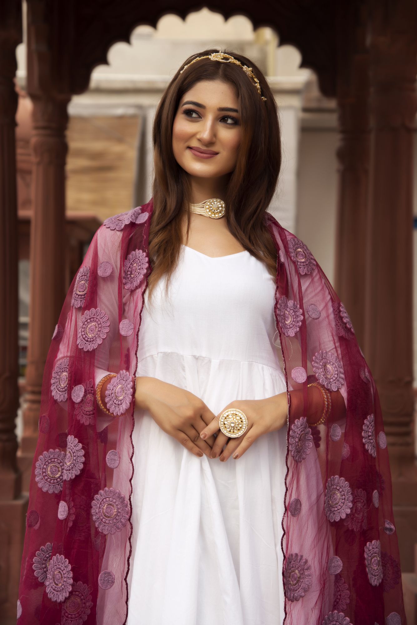 White Anarkali Suit Set with Purple Embroided Dupatta