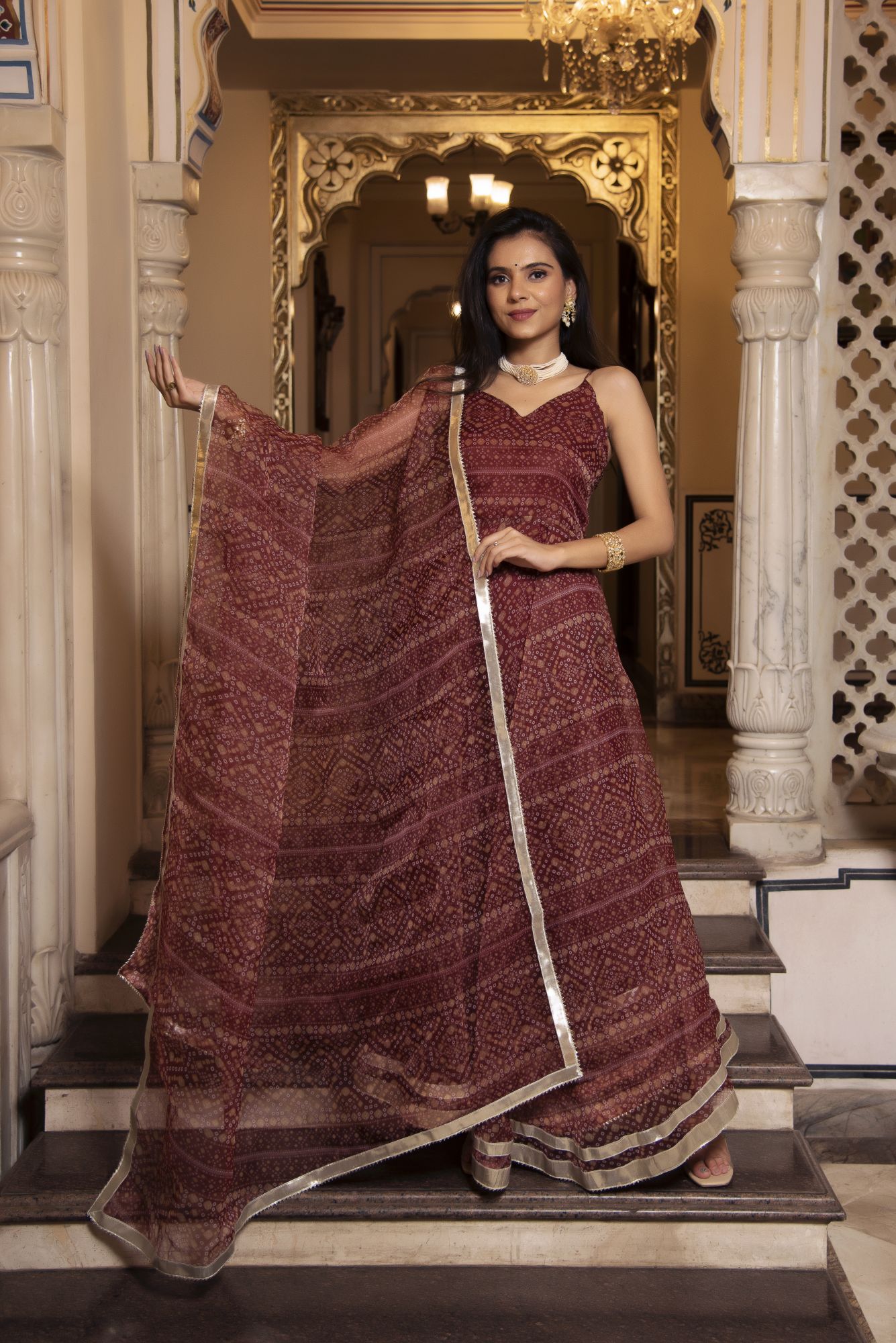 Bhandhej Brown Organza Gotapatti Anarkali Suit Set