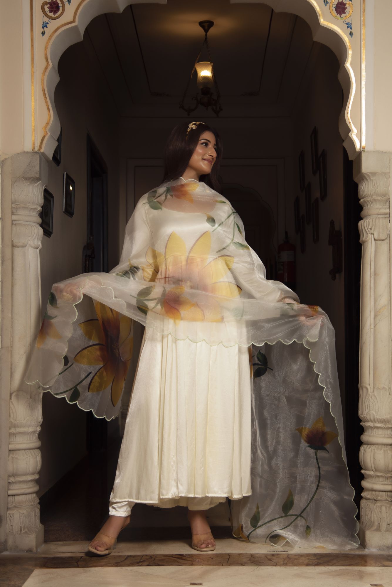 Pearl Satin Anarkali Suit Set with Sunflower Dupatta