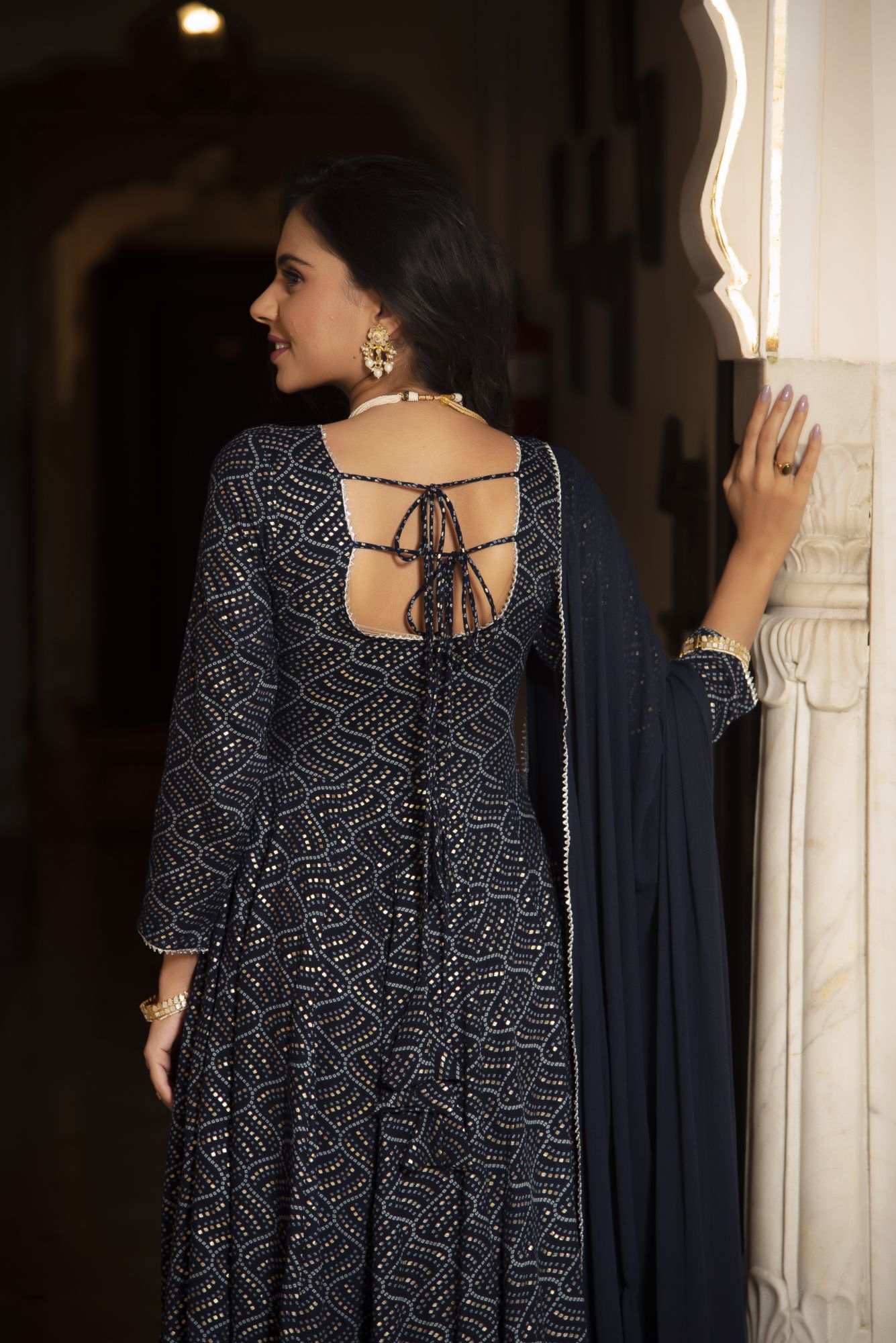 Navy Blue Printed Anarkali Suit Set