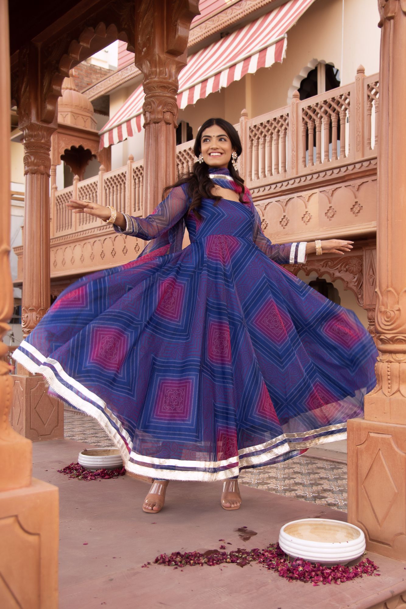 Blue And Purple Bhandhej Organza Gotapatti Anarkali Suit Set