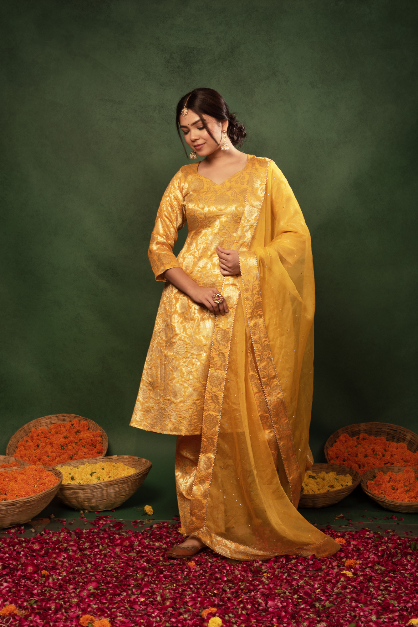 Yellow Bandhej Banarsi Straight Suit Set