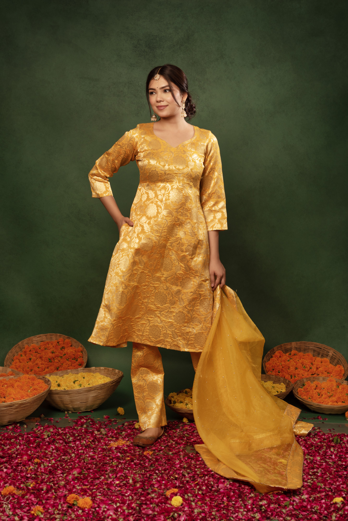 Yellow Bandhej Banarsi Straight Suit Set