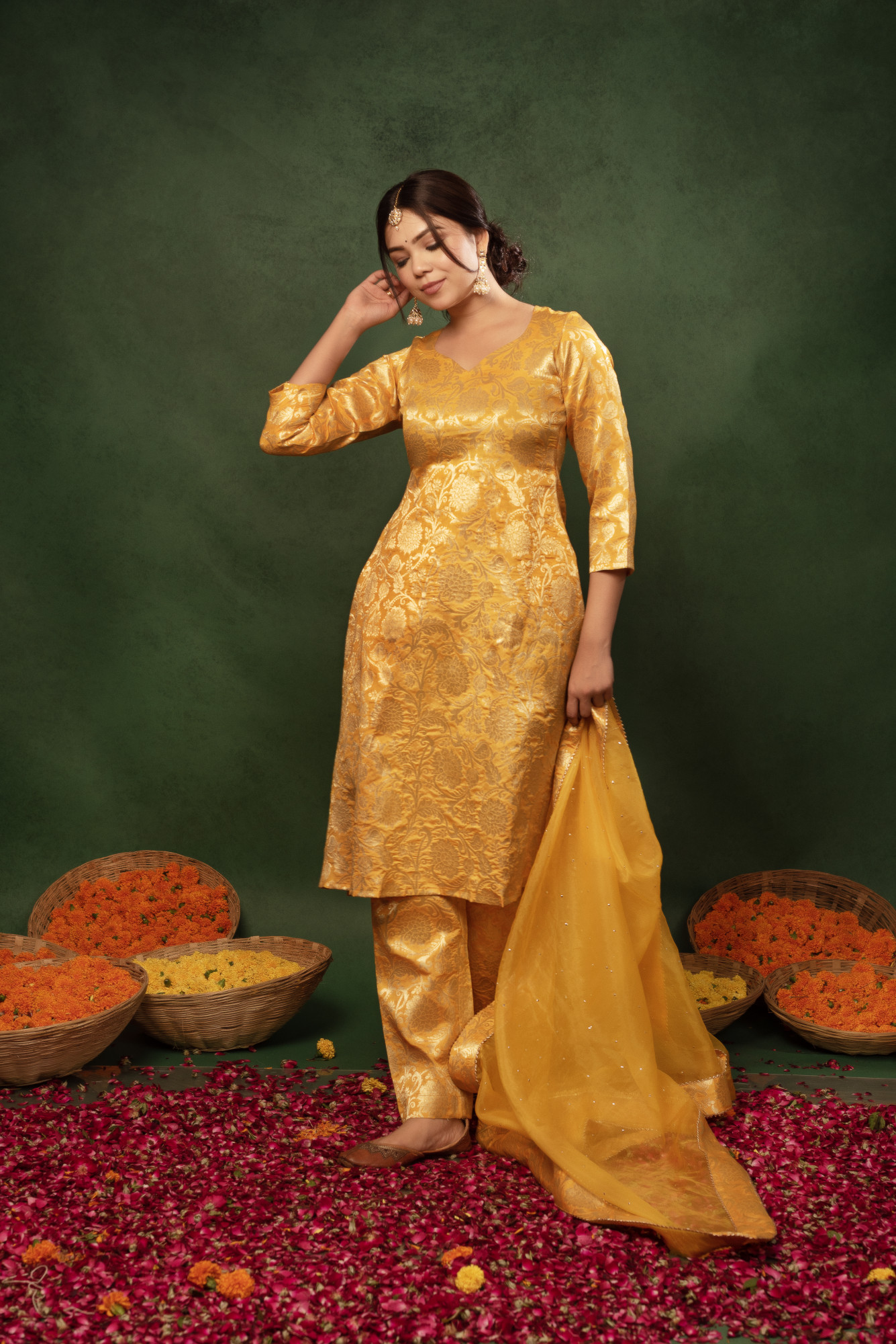 Yellow Bandhej Banarsi Straight Suit Set