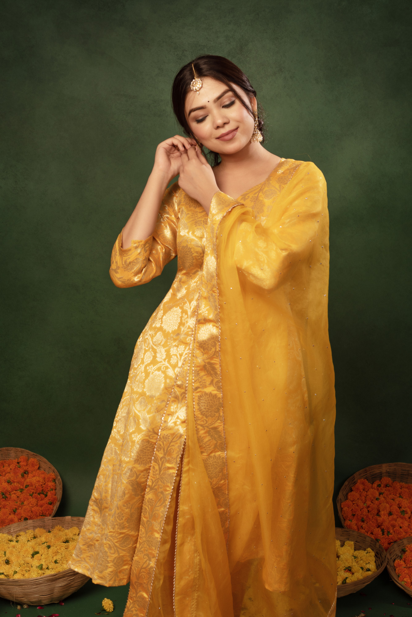Yellow Bandhej Banarsi Straight Suit Set