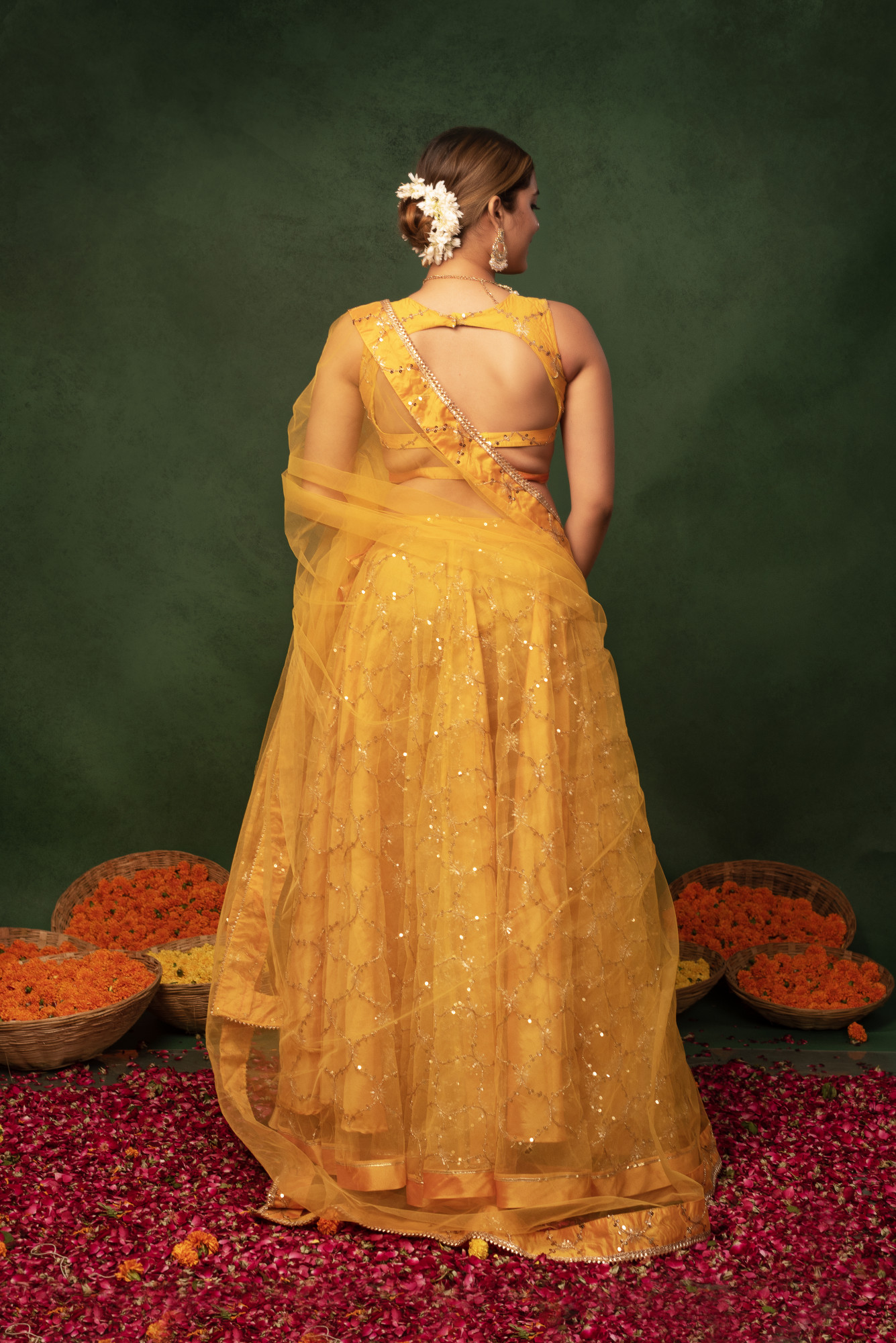 Sunray Yellow Sequins Net Embroidered Lehnga Set