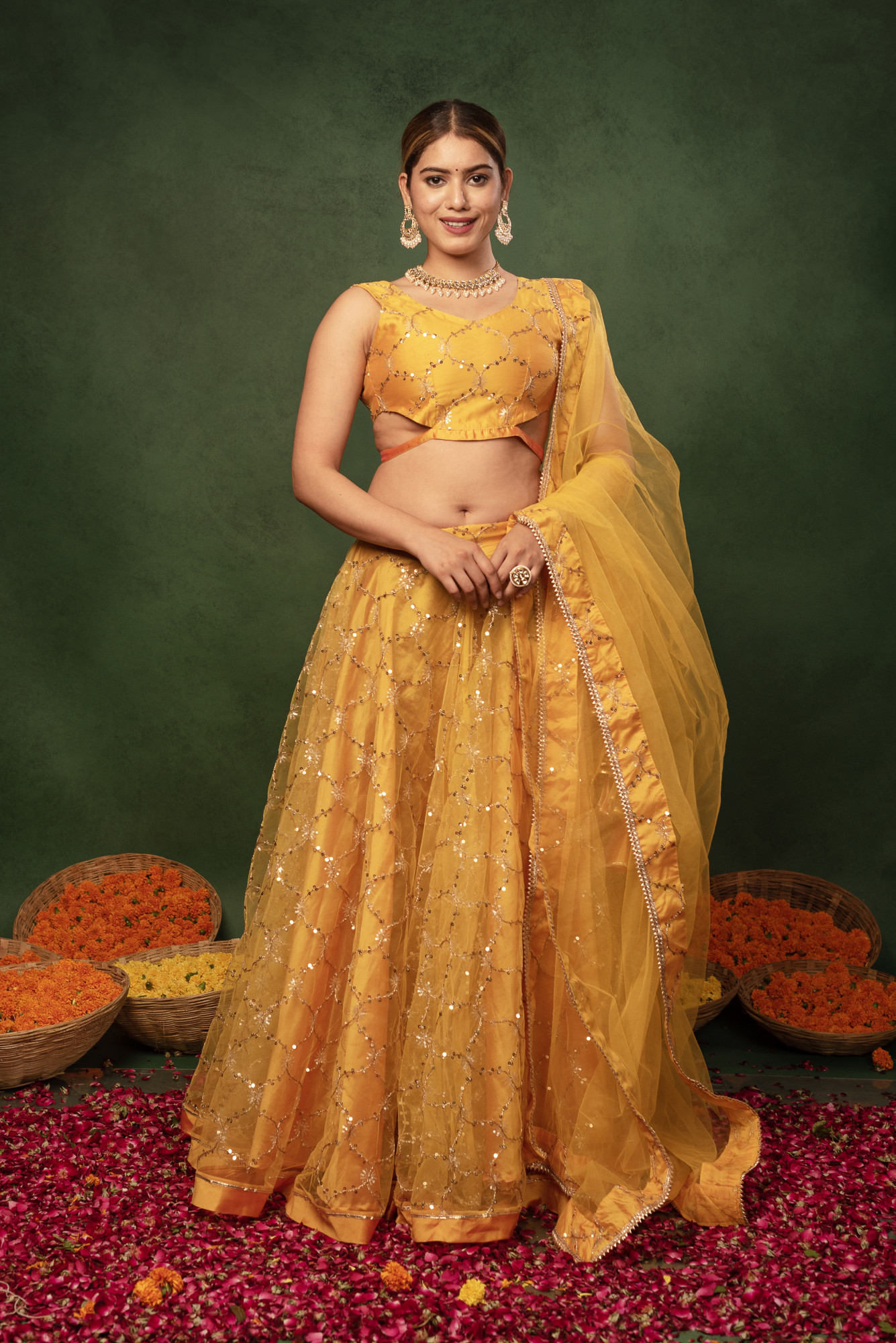 Sunray Yellow Sequins Net Embroidered Lehnga Set