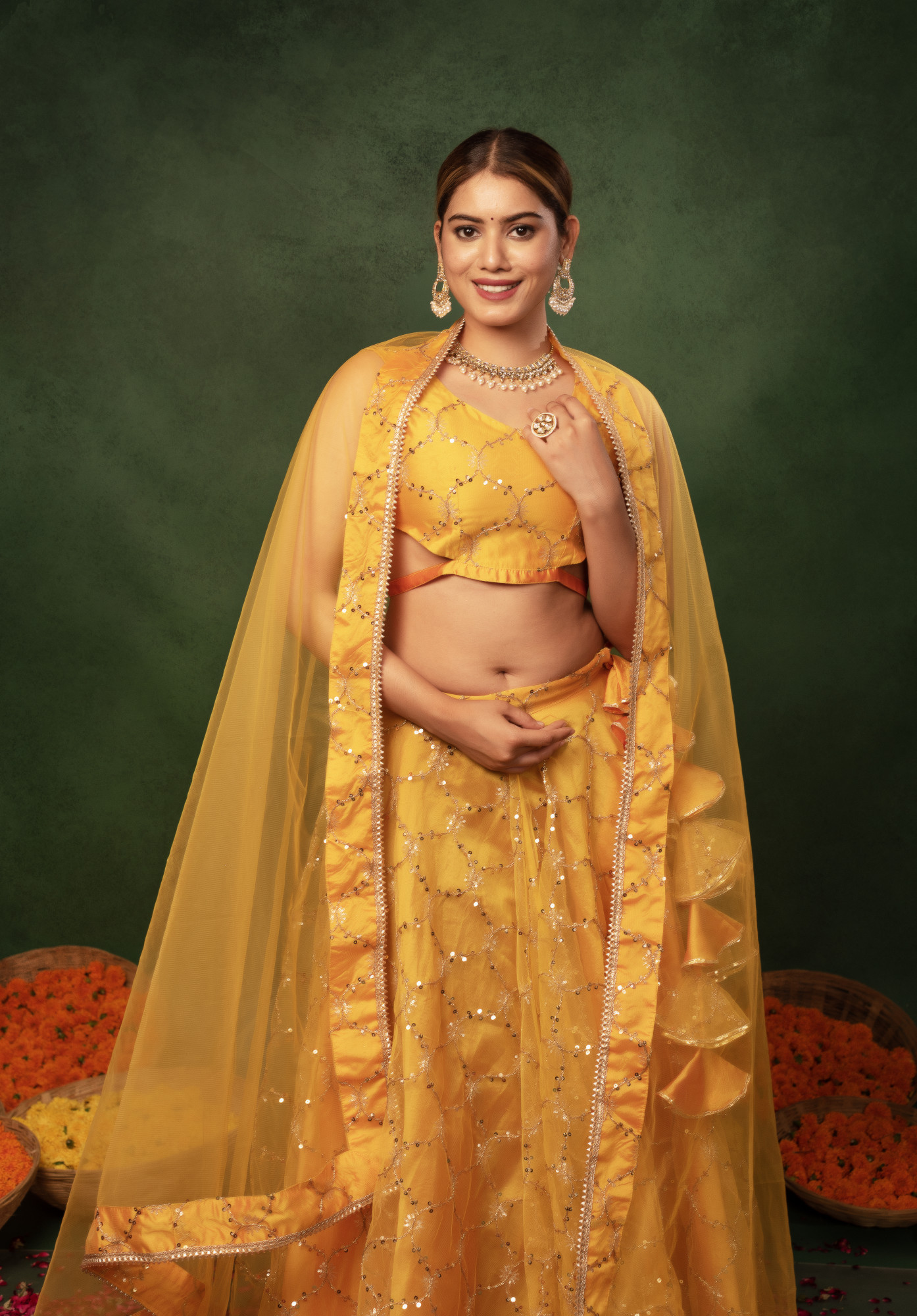 Sunray Yellow Sequins Net Embroidered Lehnga Set