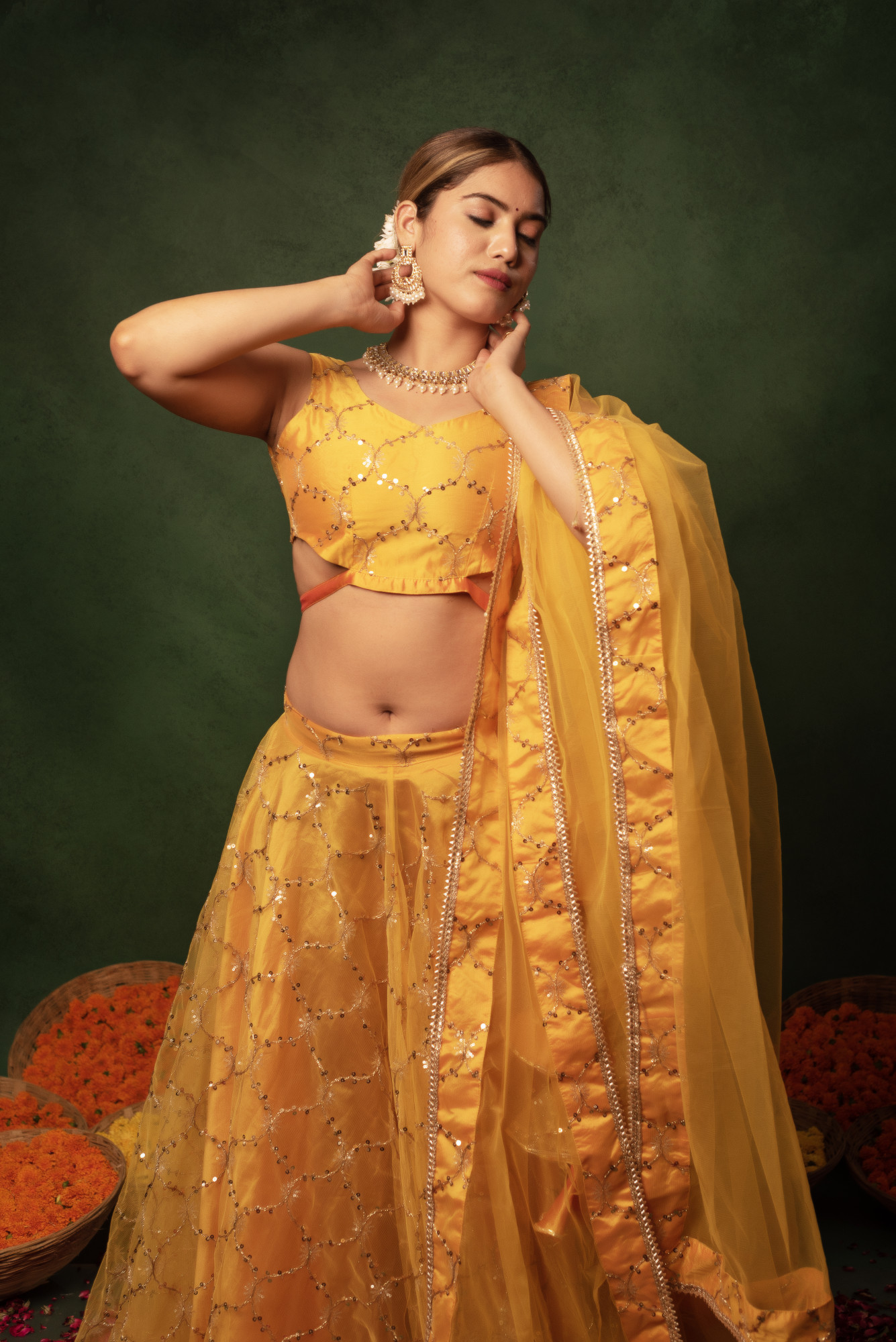 Sunray Yellow Sequins Net Embroidered Lehnga Set