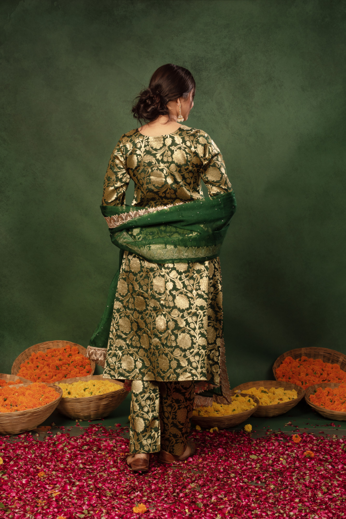 Bottle Green Banarasi Plated Straight Suit Set