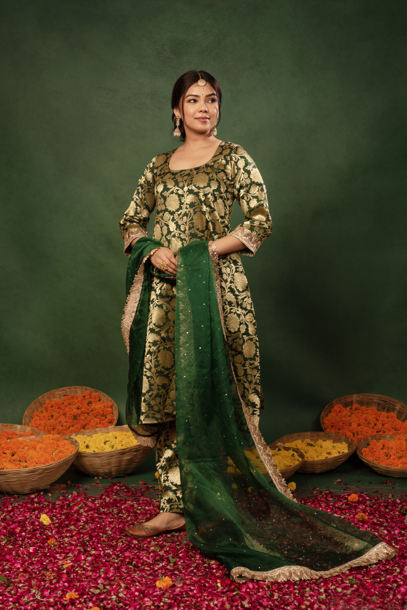 Bottle Green Banarasi Plated Straight Suit Set