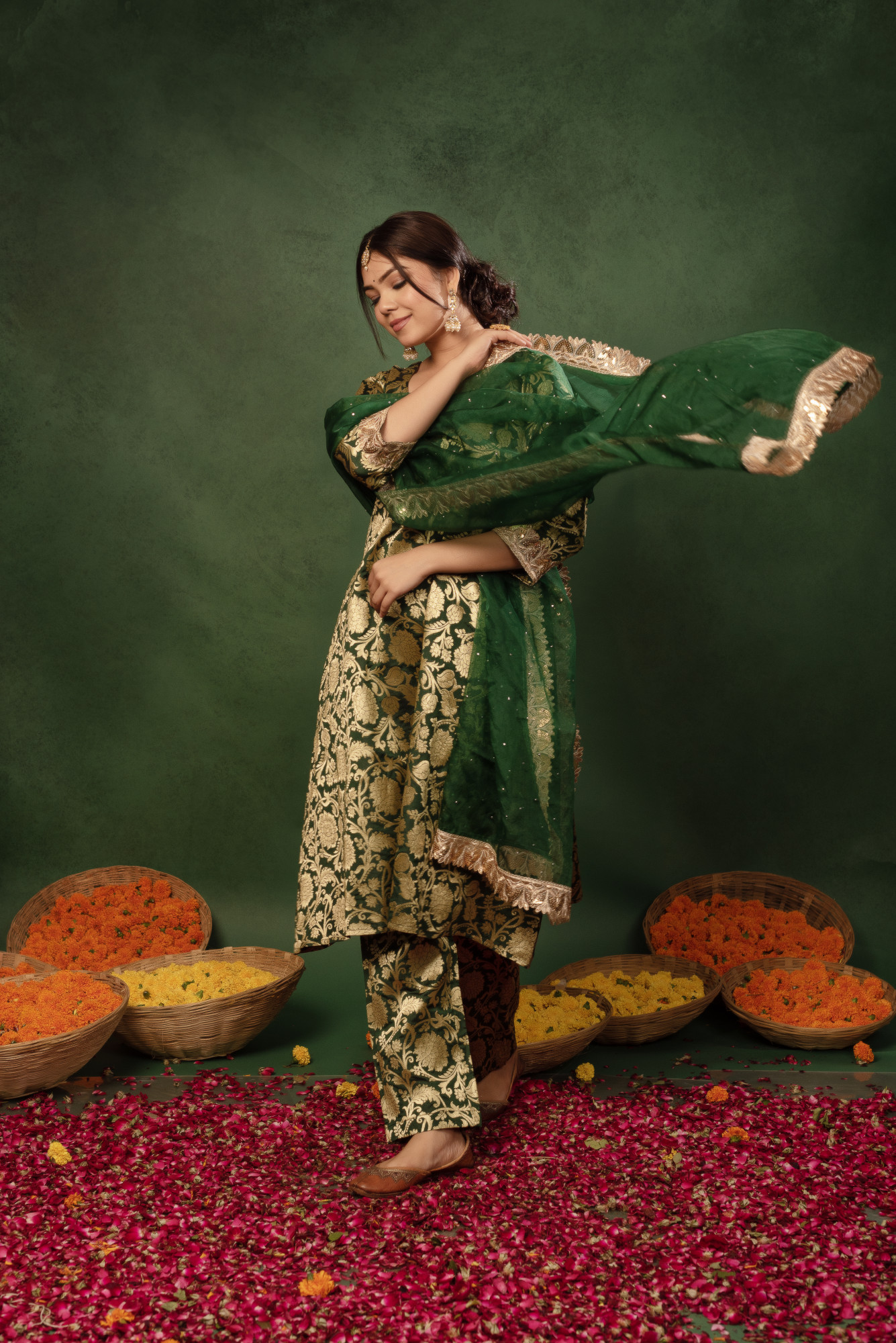 Bottle Green Banarasi Plated Straight Suit Set