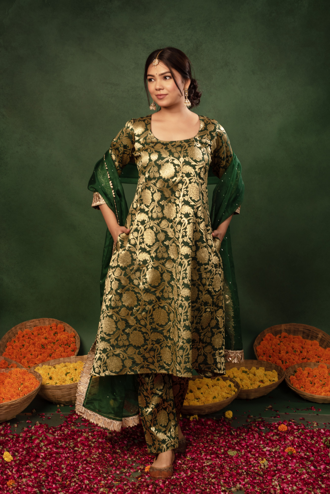 Bottle Green Banarasi Plated Straight Suit Set