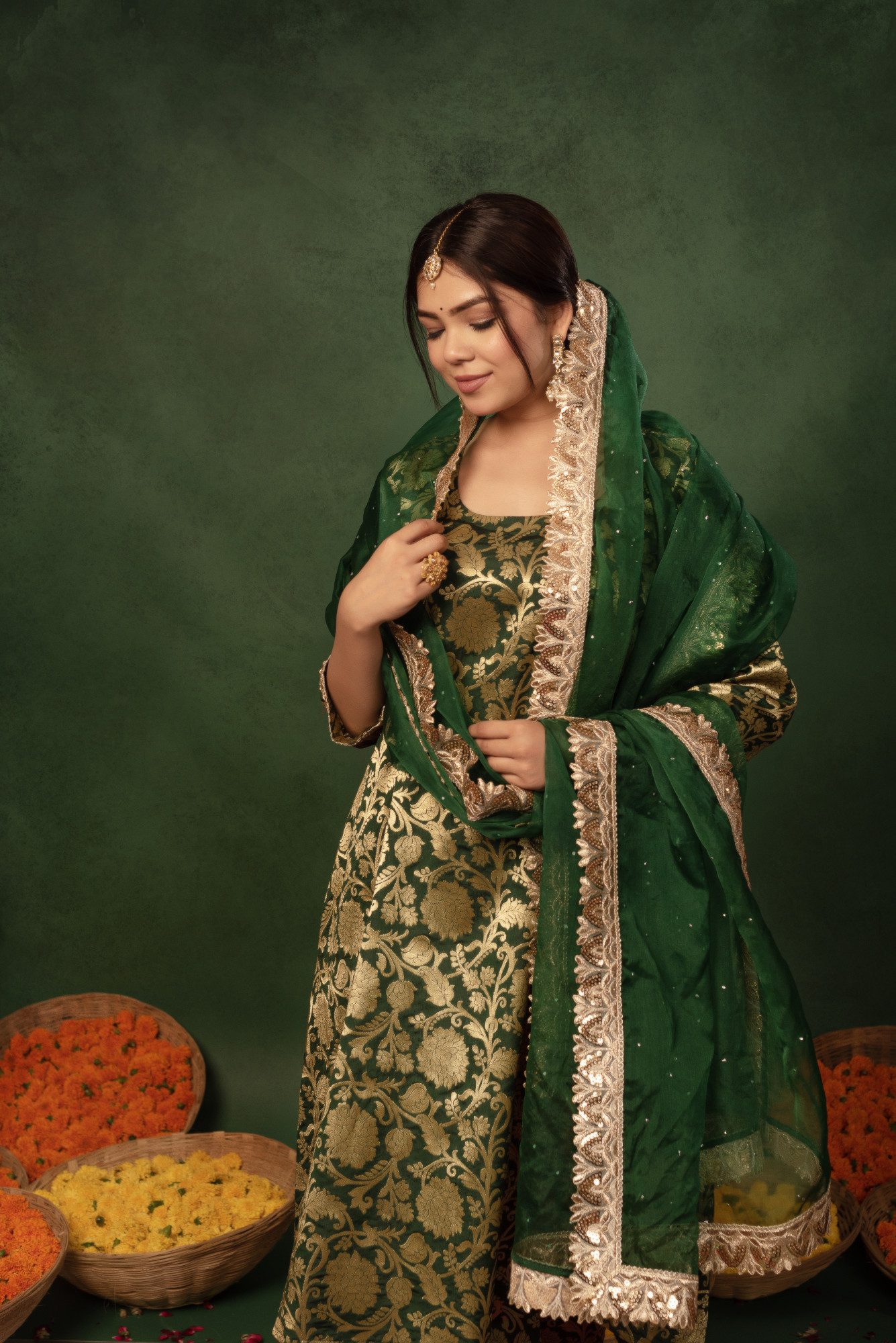 Bottle Green Banarasi Plated Straight Suit Set