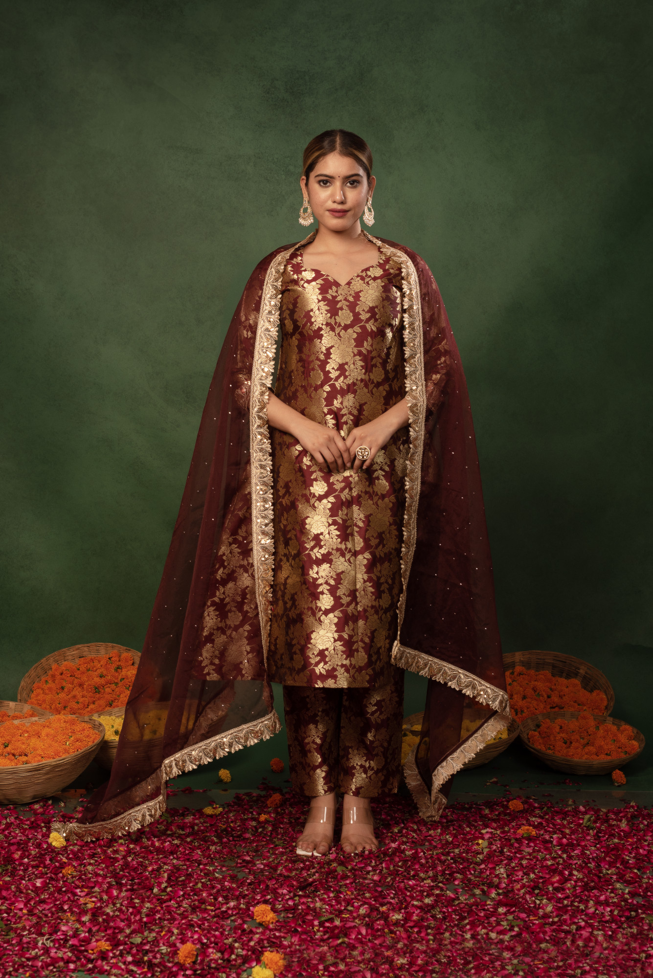 Burnt Maroon Banarasi Straight Suit Set