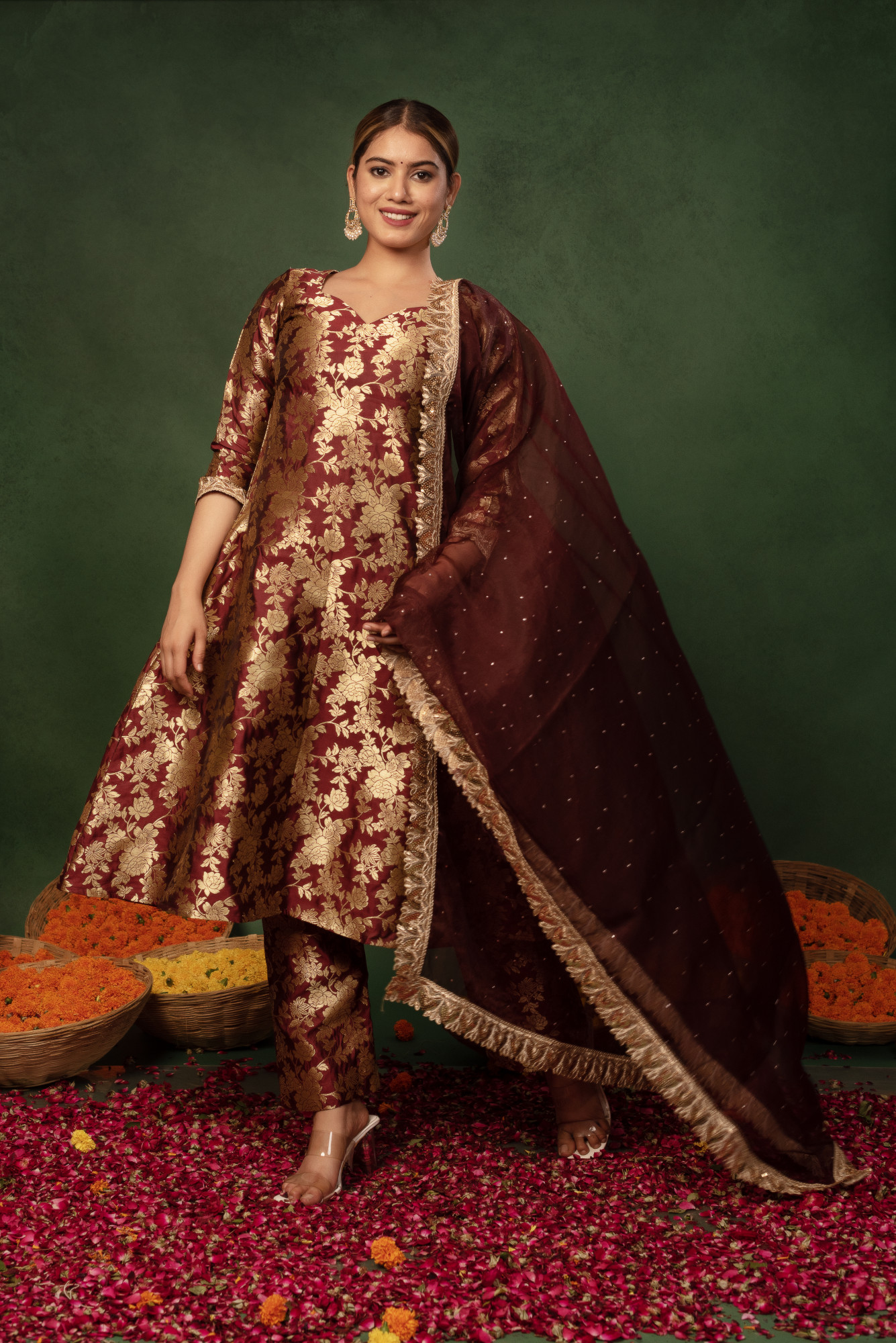 Burnt Maroon Banarasi Straight Suit Set