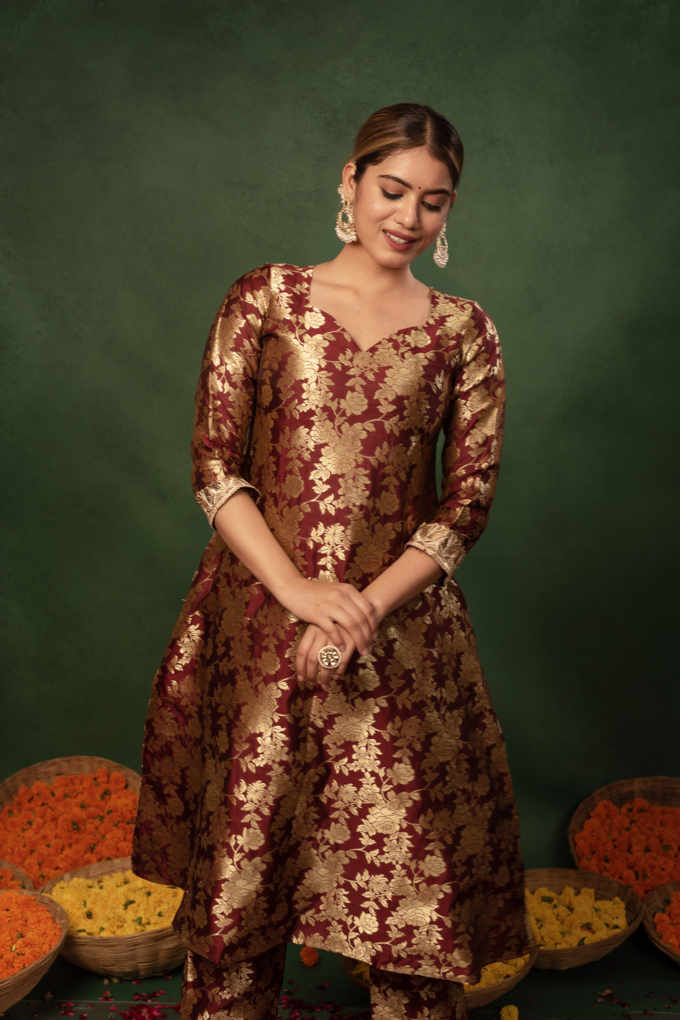 Burnt Maroon Banarasi Straight Suit Set