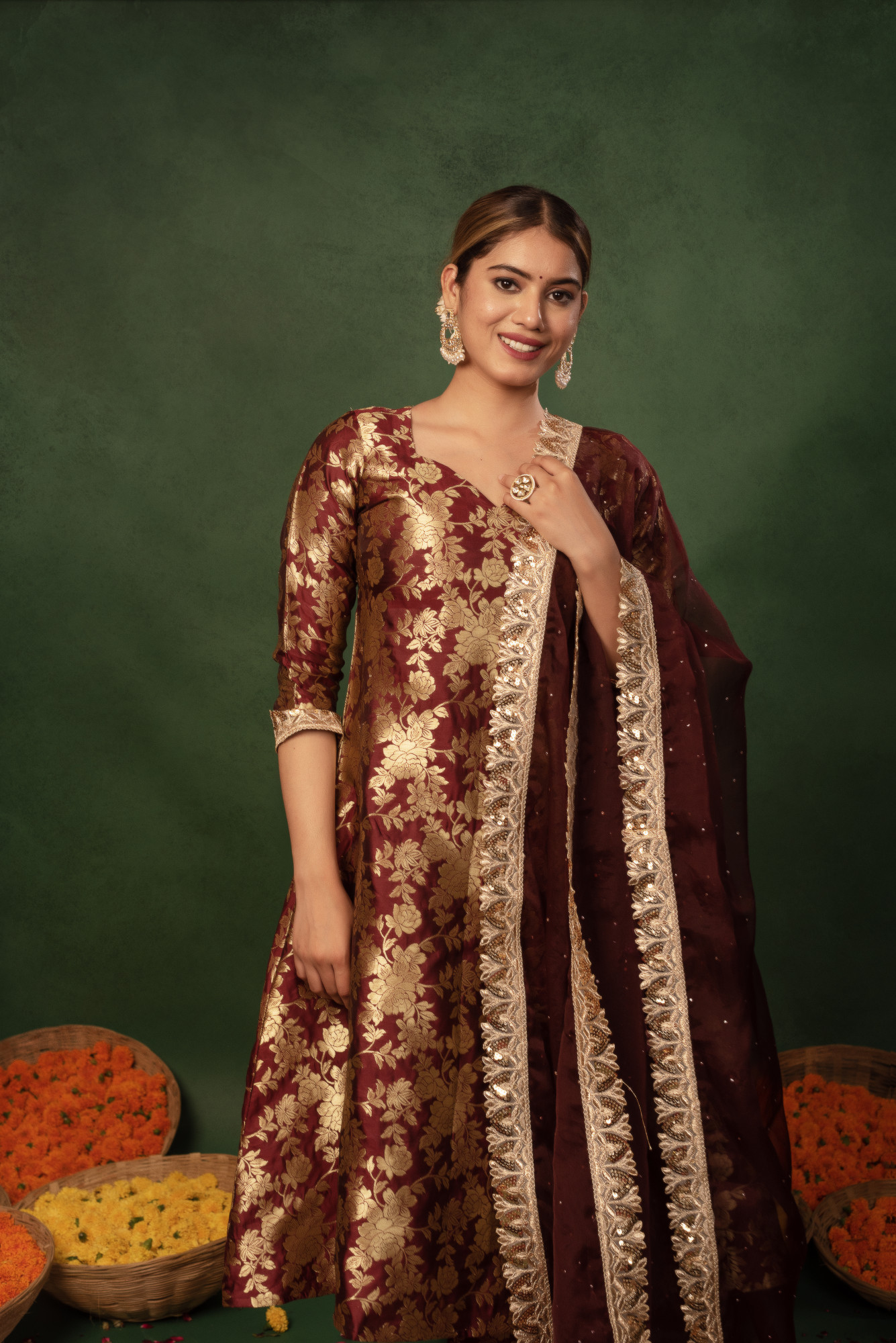 Burnt Maroon Banarasi Straight Suit Set