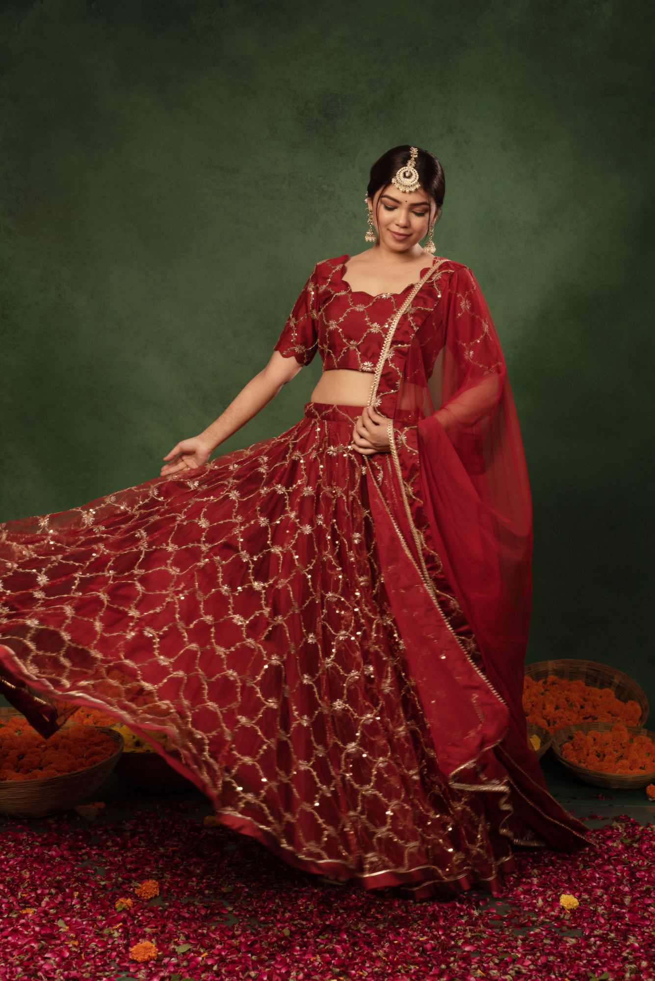 Sunray Plum Red Sequins Net Embroidered Lehnga Set