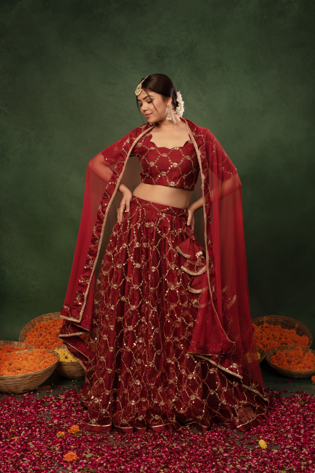 Sunray Plum Red Sequins Net Embroidered Lehnga Set