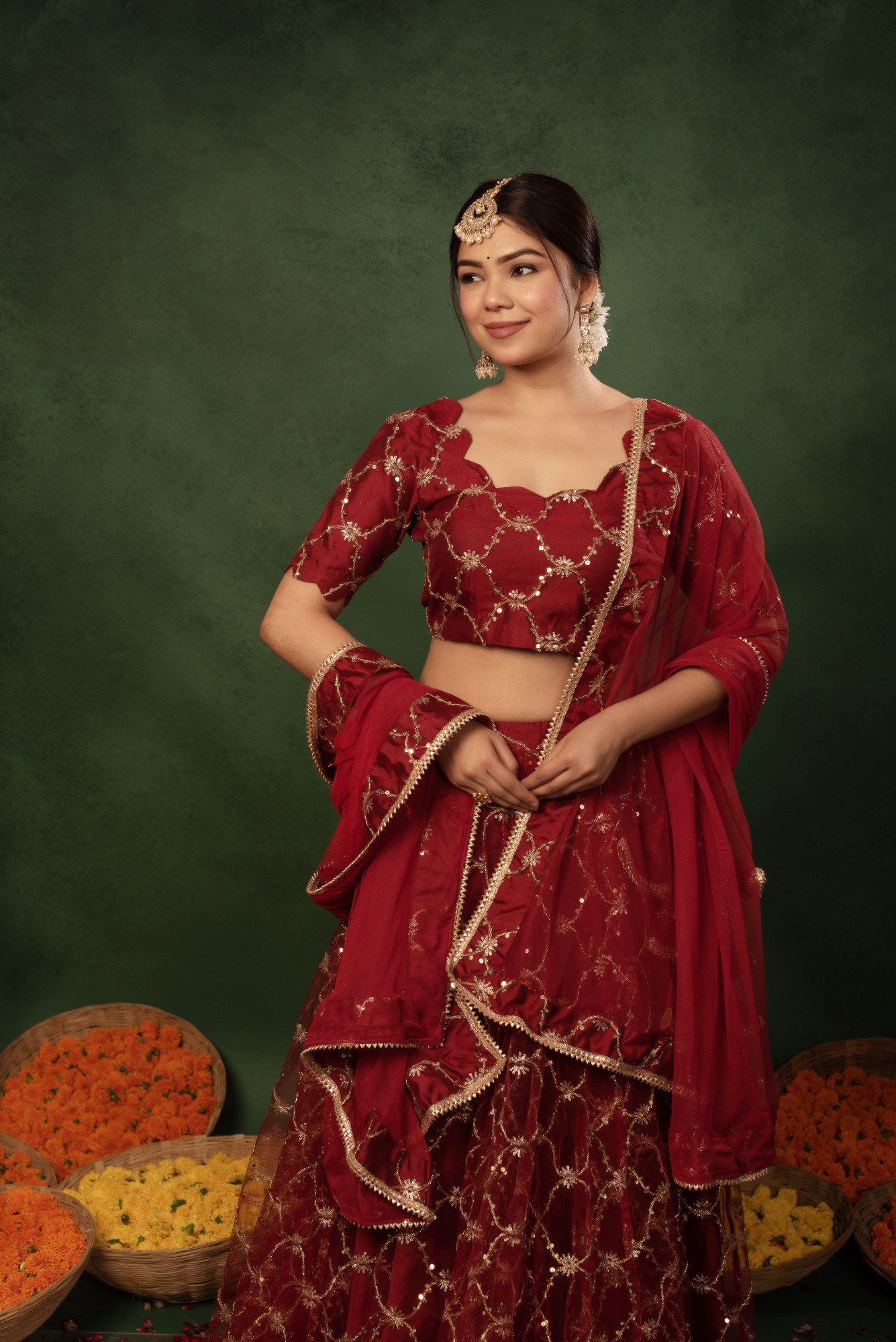 Sunray Plum Red Sequins Net Embroidered Lehnga Set