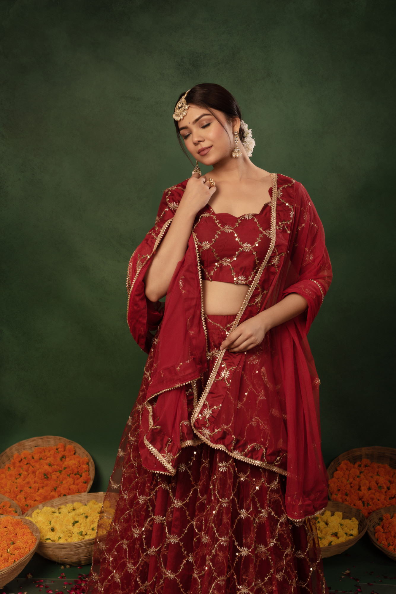 Sunray Plum Red Sequins Net Embroidered Lehnga Set