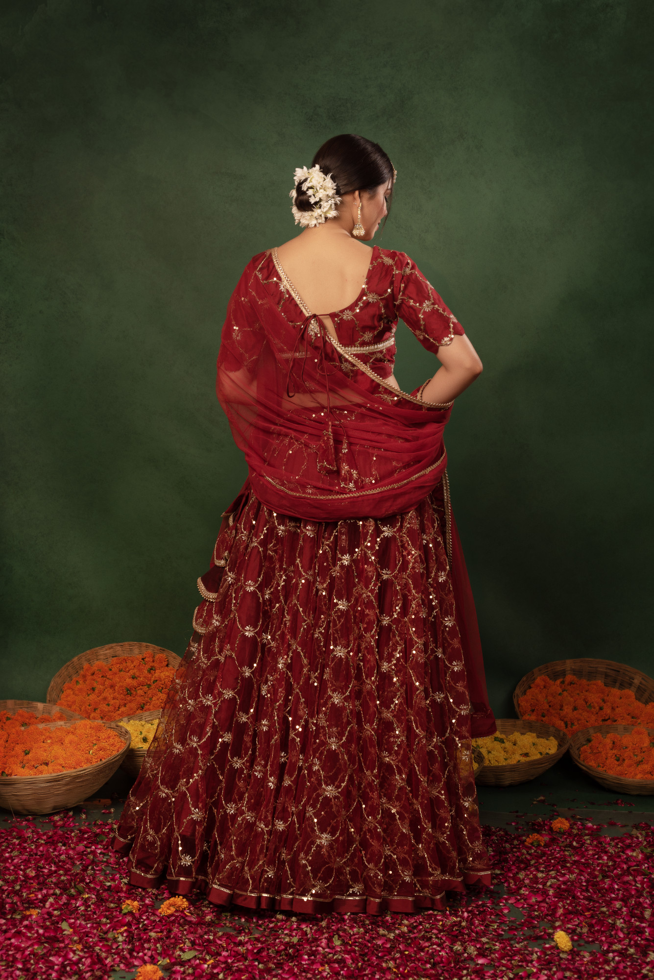 Sunray Plum Red Sequins Net Embroidered Lehnga Set
