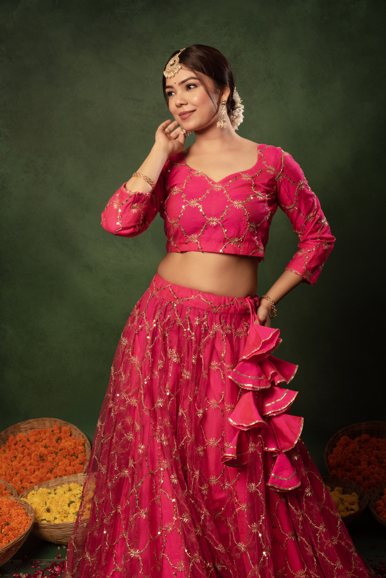 Sunray Rani Sequins Net Embroidered Lehnga Set