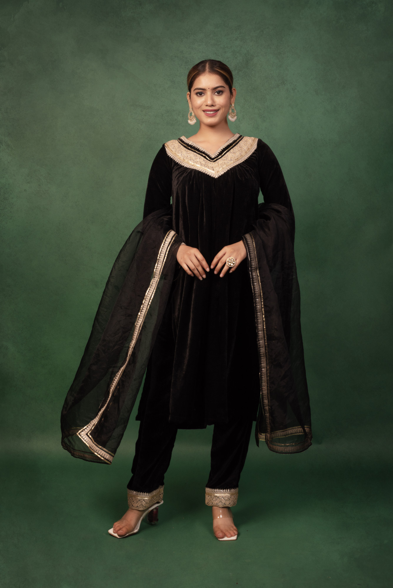 Saiba Black Velvet Gota Work Kurta Set