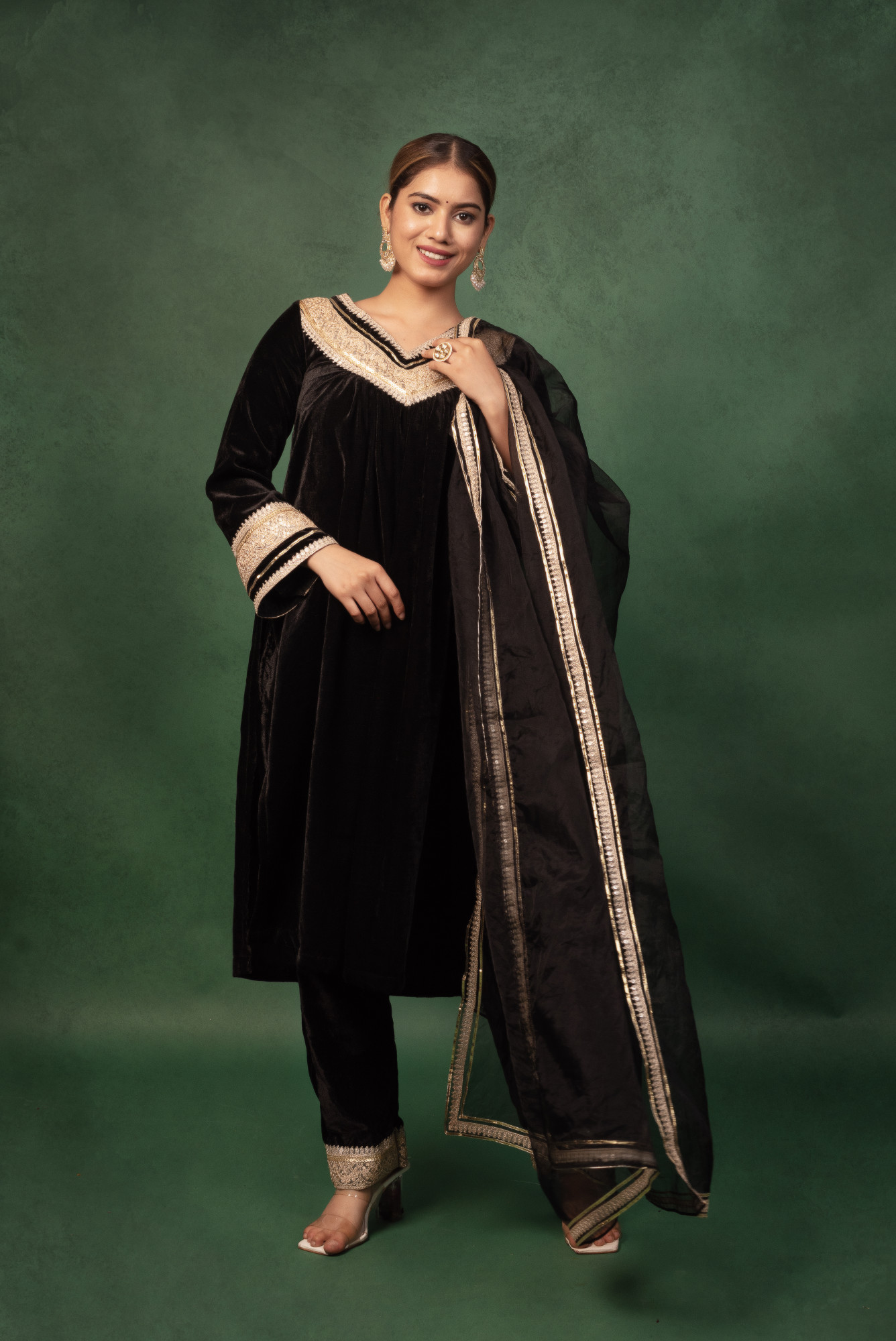 Saiba Black Velvet Gota Work Kurta Set