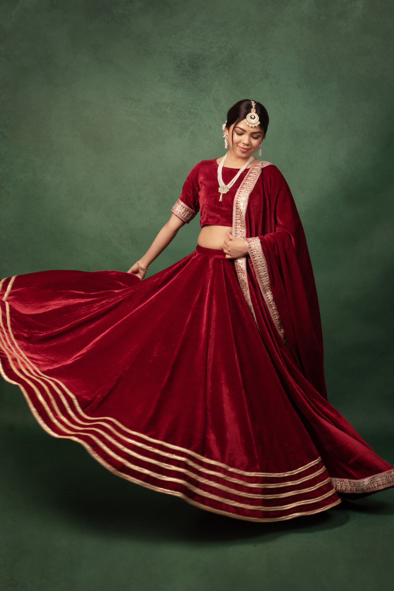 Classic Maroon Velvet Lehnga Set