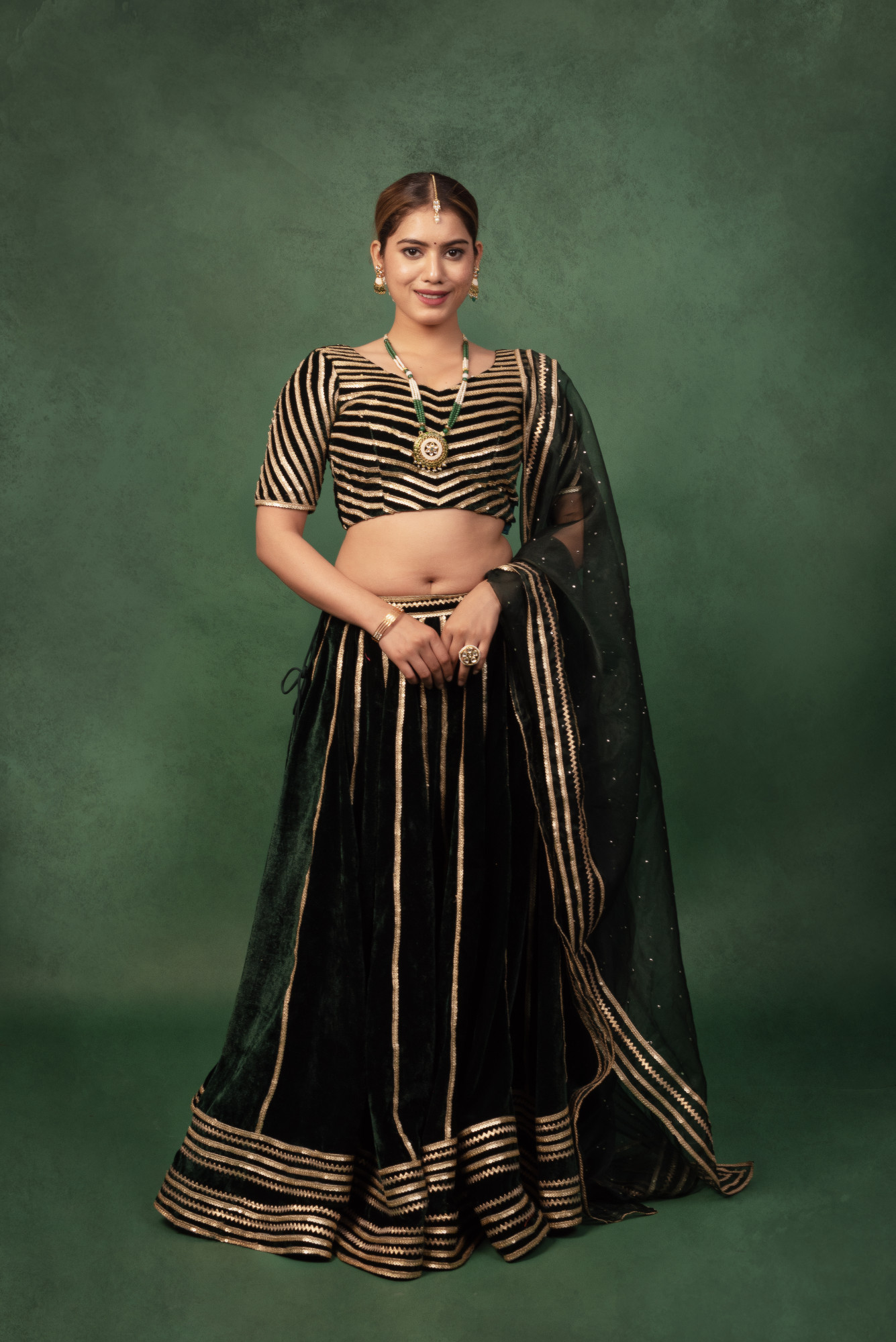 Bottle Green Sequined Velvet Lehnga Set