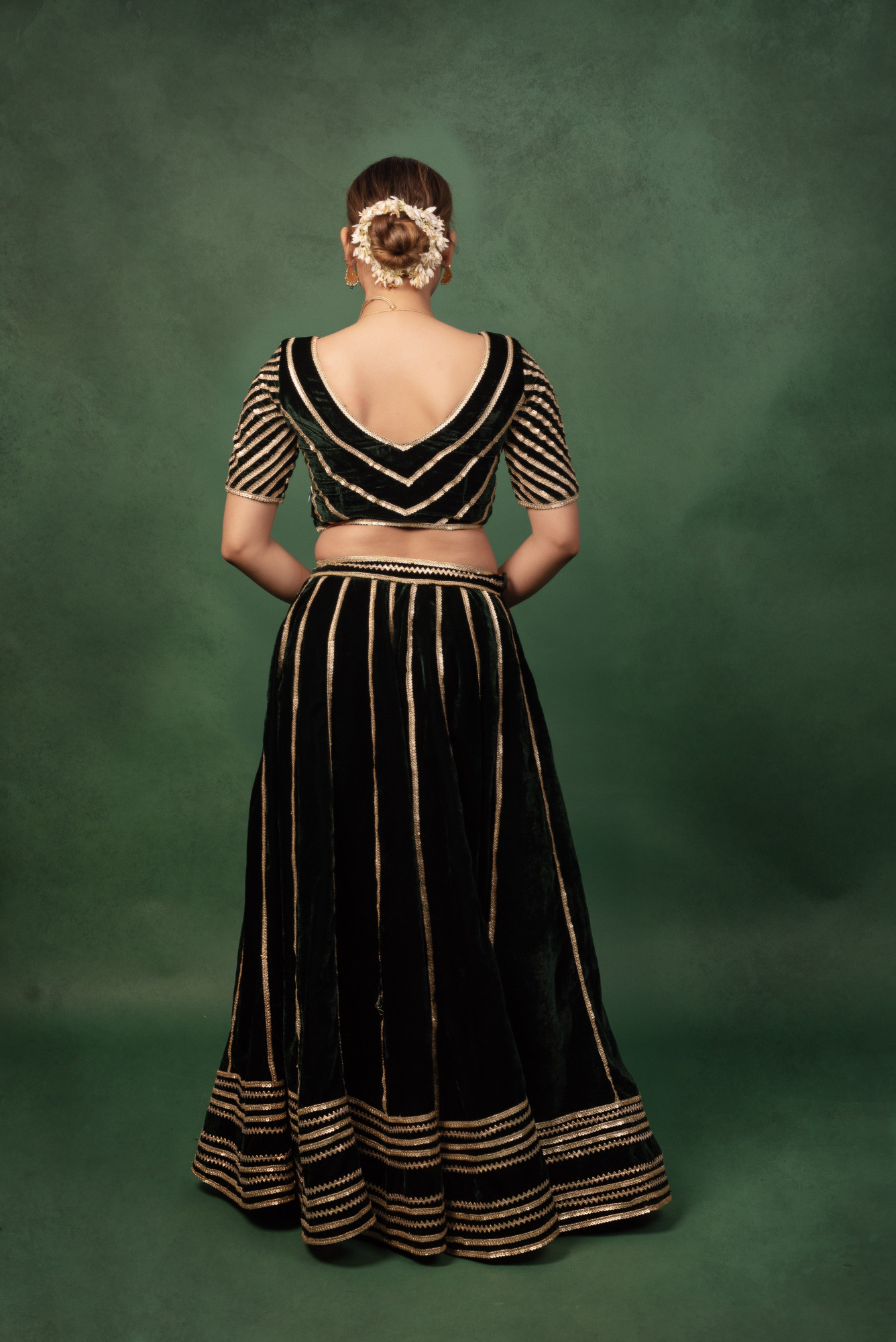 Bottle Green Sequined Velvet Lehnga Set