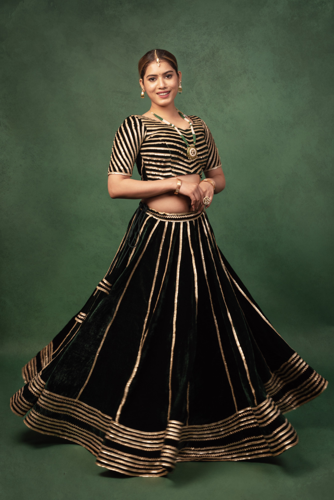 Bottle Green Sequined Velvet Lehnga Set