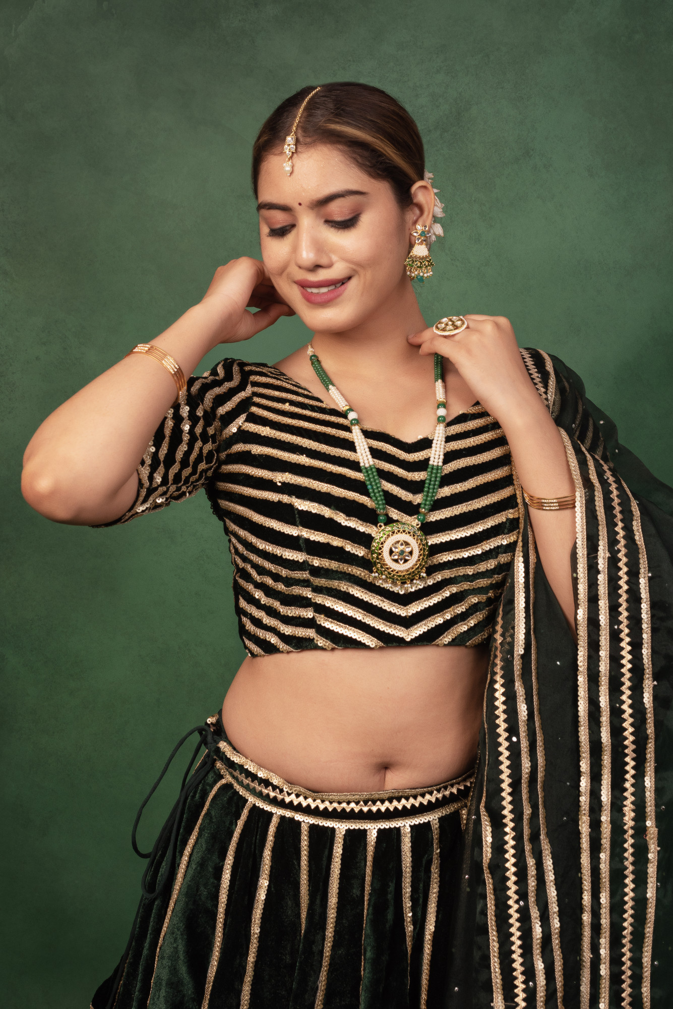 Bottle Green Sequined Velvet Lehnga Set