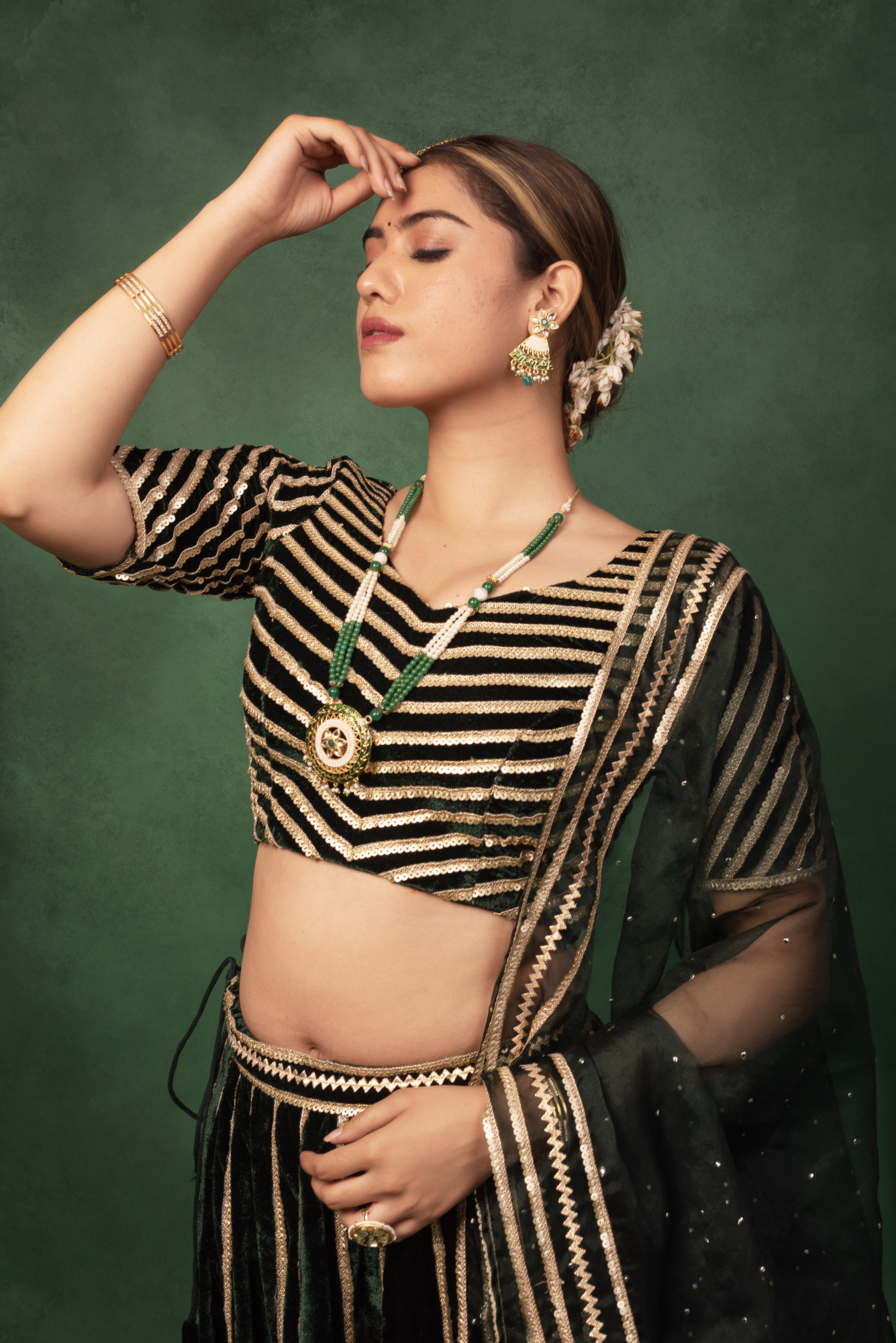 Bottle Green Sequined Velvet Lehnga Set