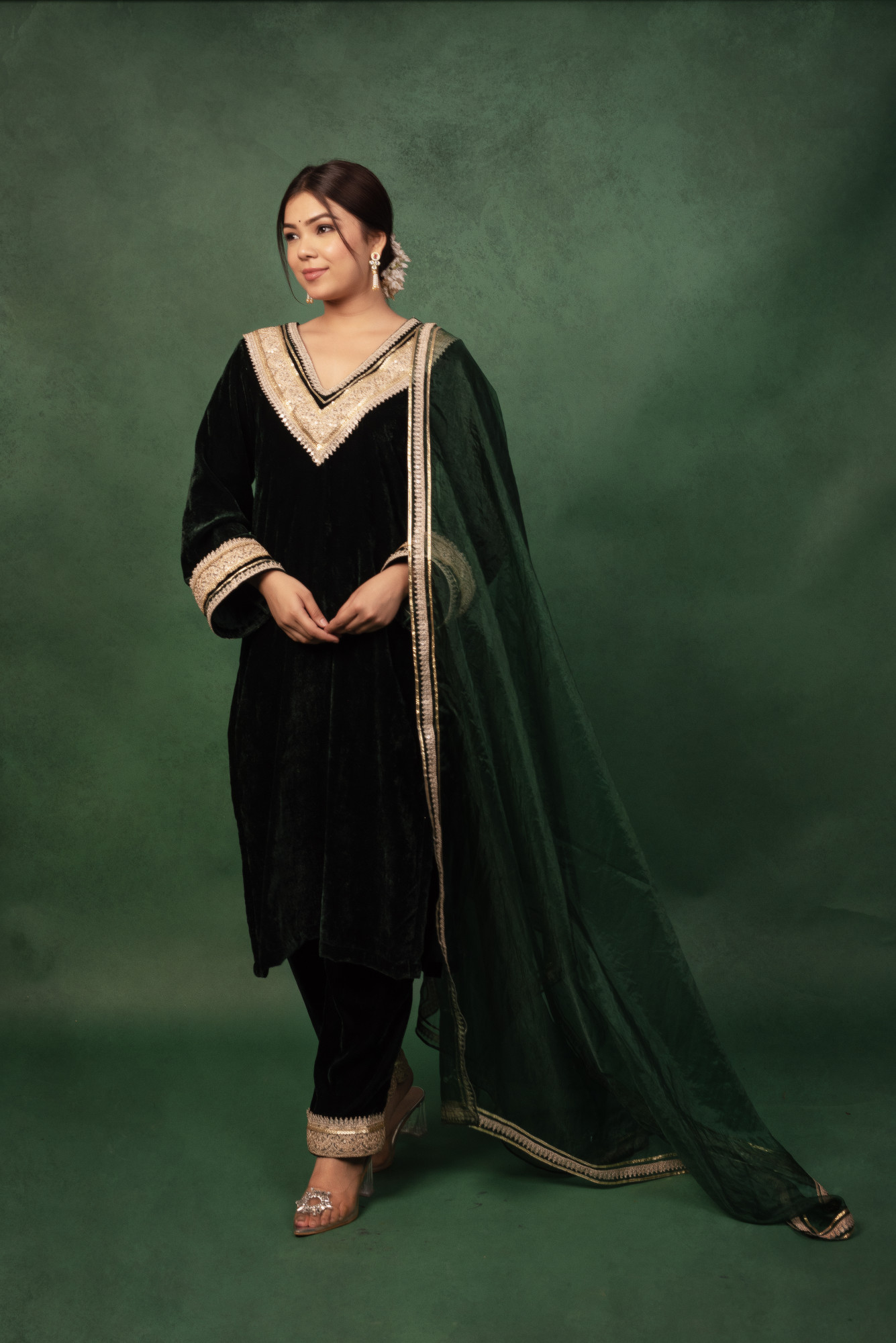 Bottle Green Velvet Gotta Work Kurta Set