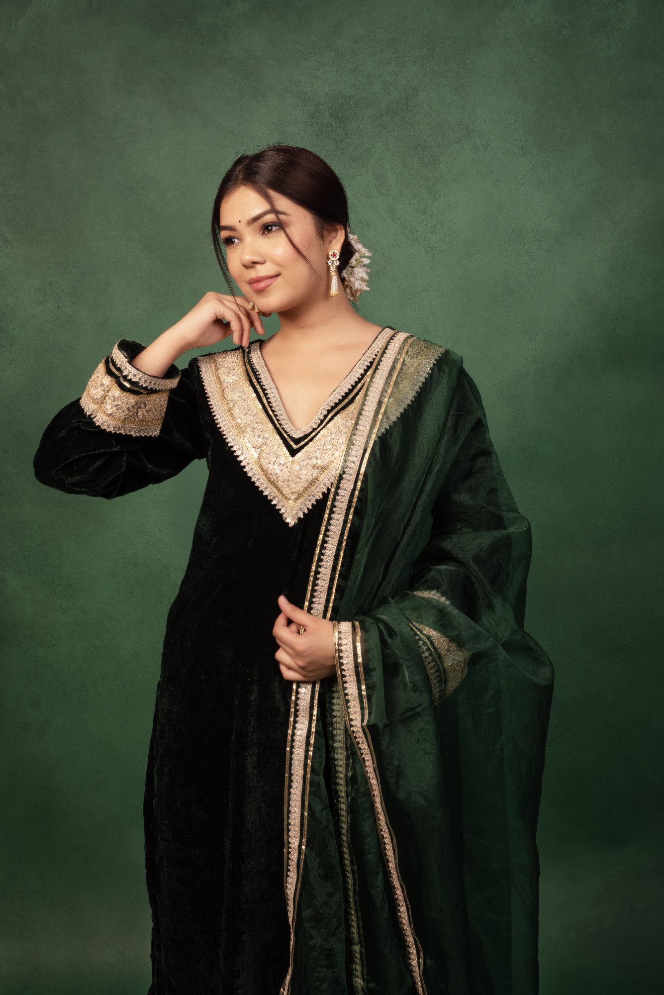 Bottle Green Velvet Gotta Work Kurta Set