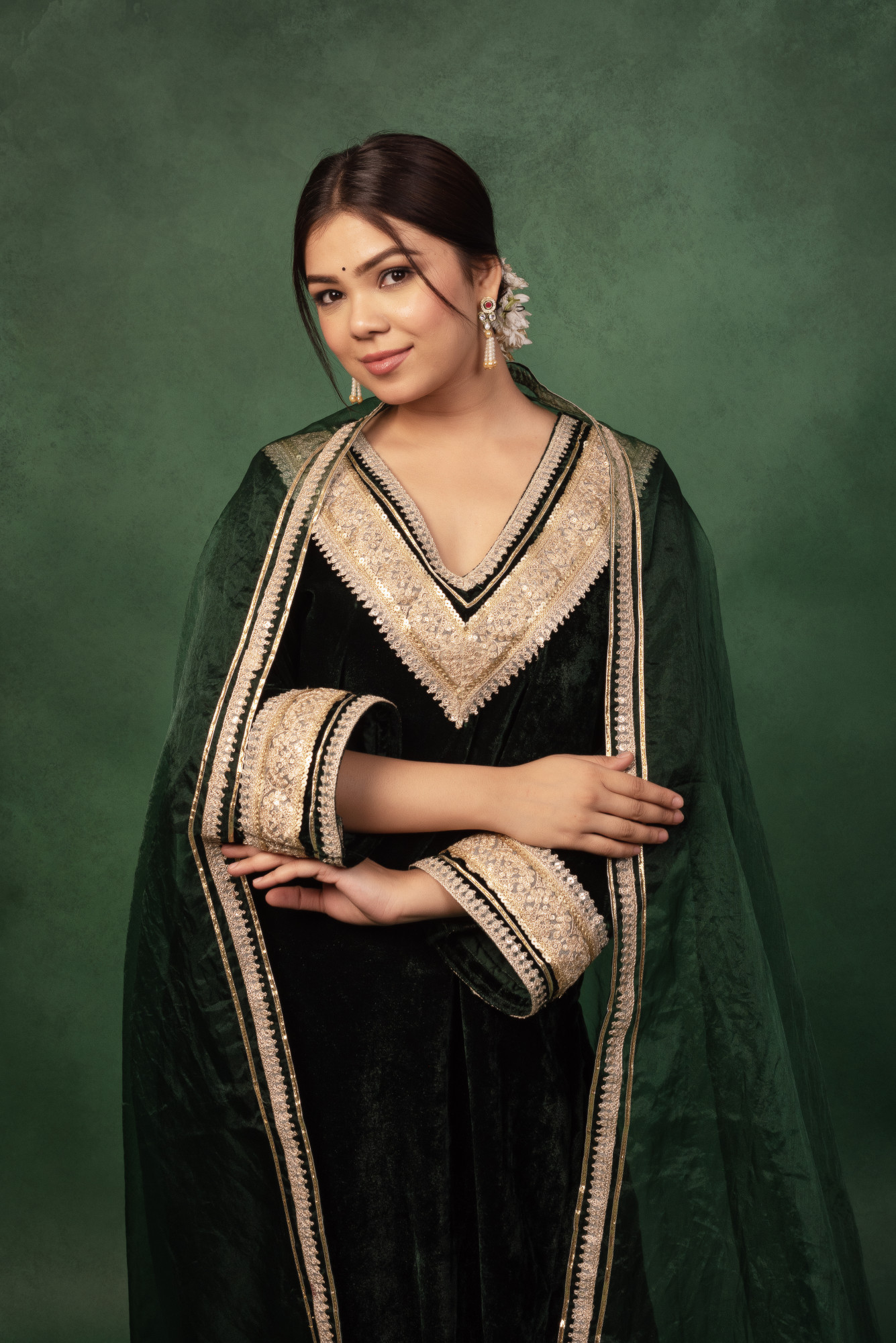 Bottle Green Velvet Gotta Work Kurta Set