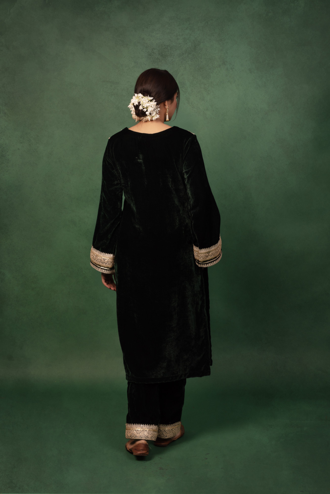 Bottle Green Velvet Gotta Work Kurta Set