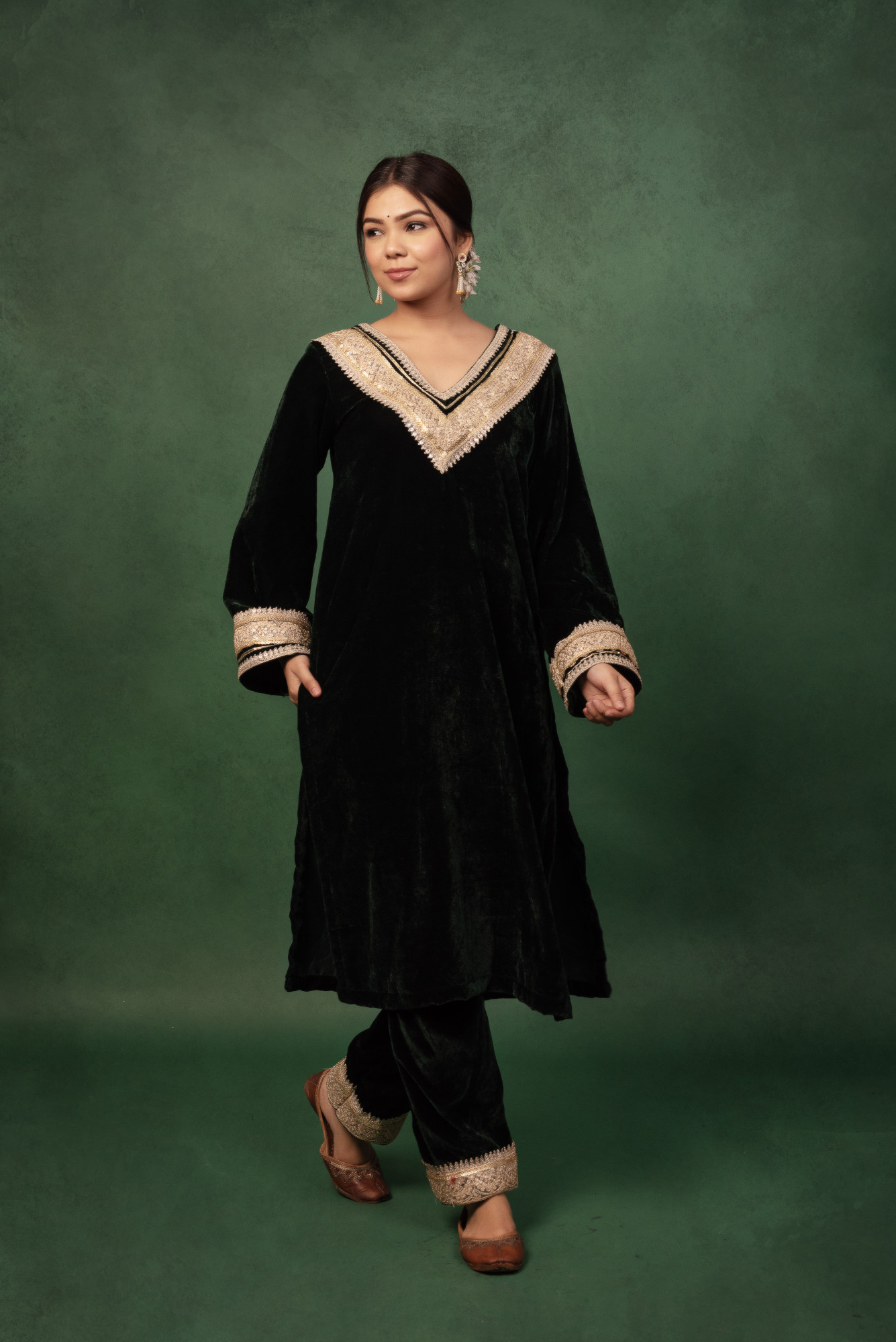 Bottle Green Velvet Gotta Work Kurta Set