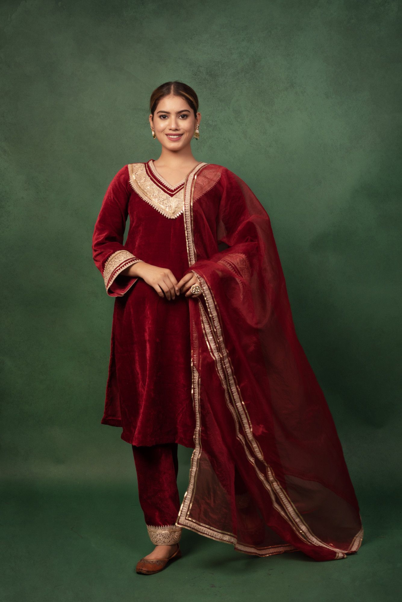 Marron Velvet Gota Work Kurta Set