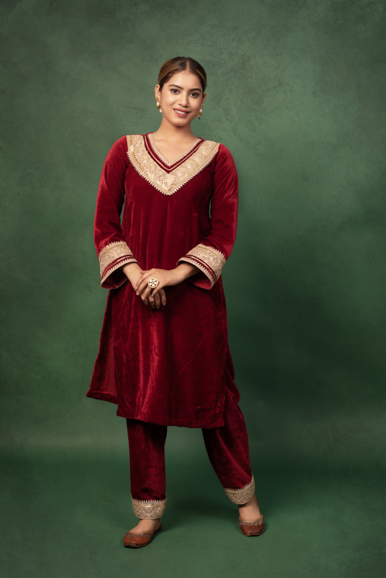 Marron Velvet Gota Work Kurta Set