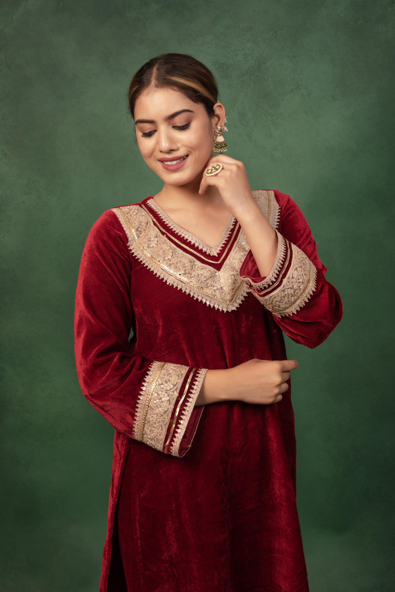 Marron Velvet Gota Work Kurta Set