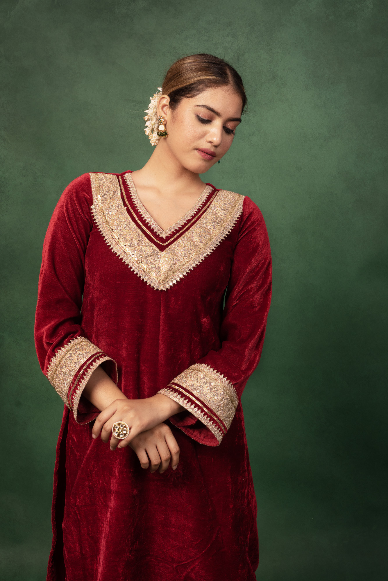 Marron Velvet Gota Work Kurta Set