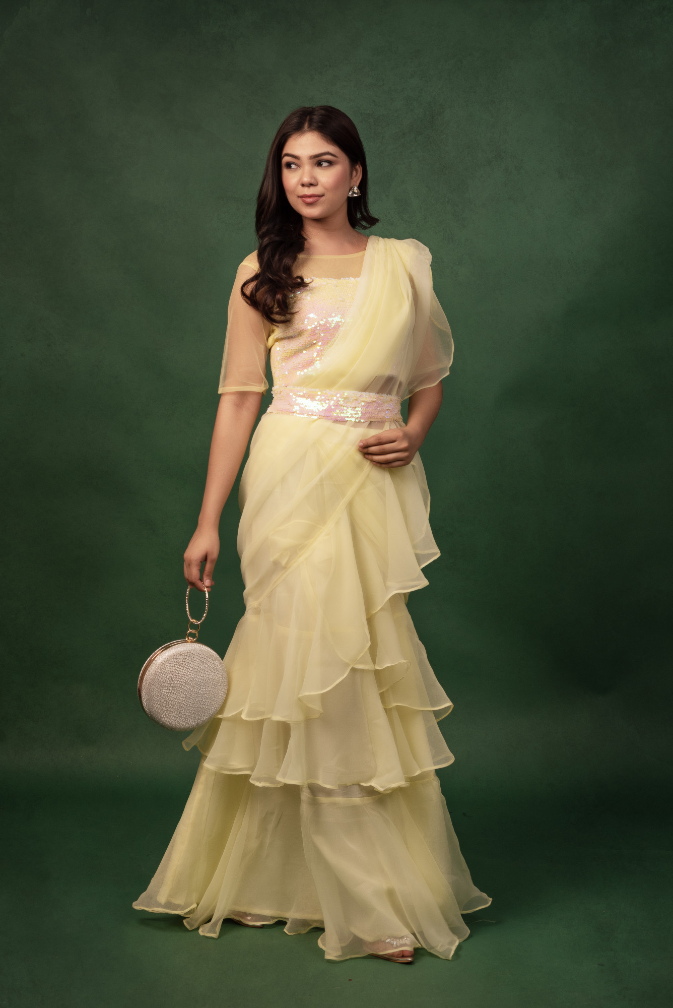 Lemon Sequin Georgettte Ready to Wear Ruffled Saree